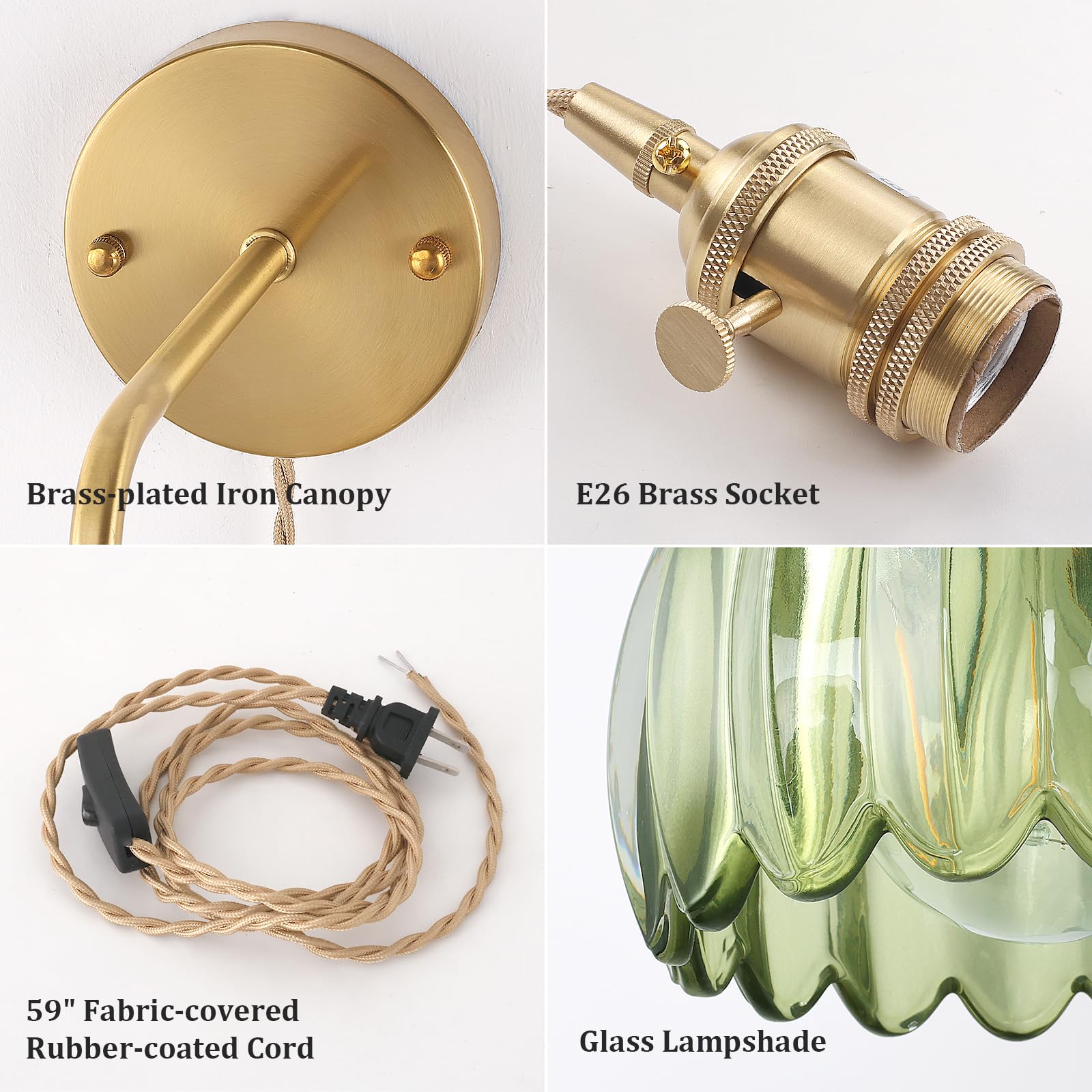 Shenmoyl Vintage Wall Sconce Lamp with Green Tulip Glass Shade, Plug-in, Brass, Model 1-9390