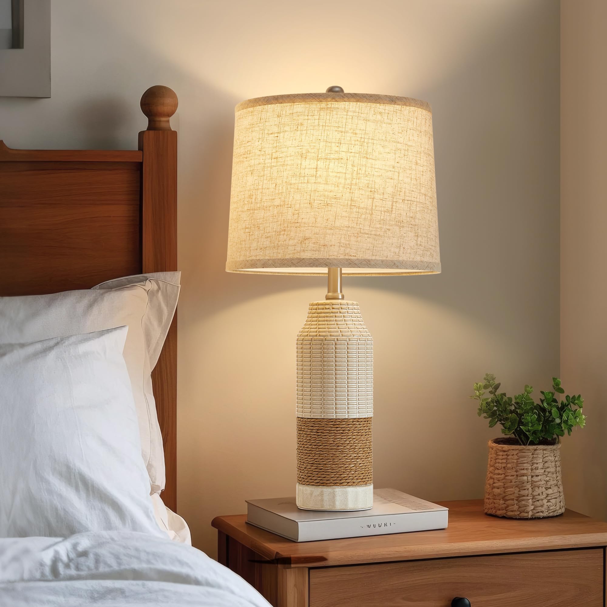 GyroVu Rattan Table Lamps Set of 2 - Vintage Ceramic, 3 Color Temperature, White - Bedside Decor for Bedroom and Living Room, Model G-2TL-130A