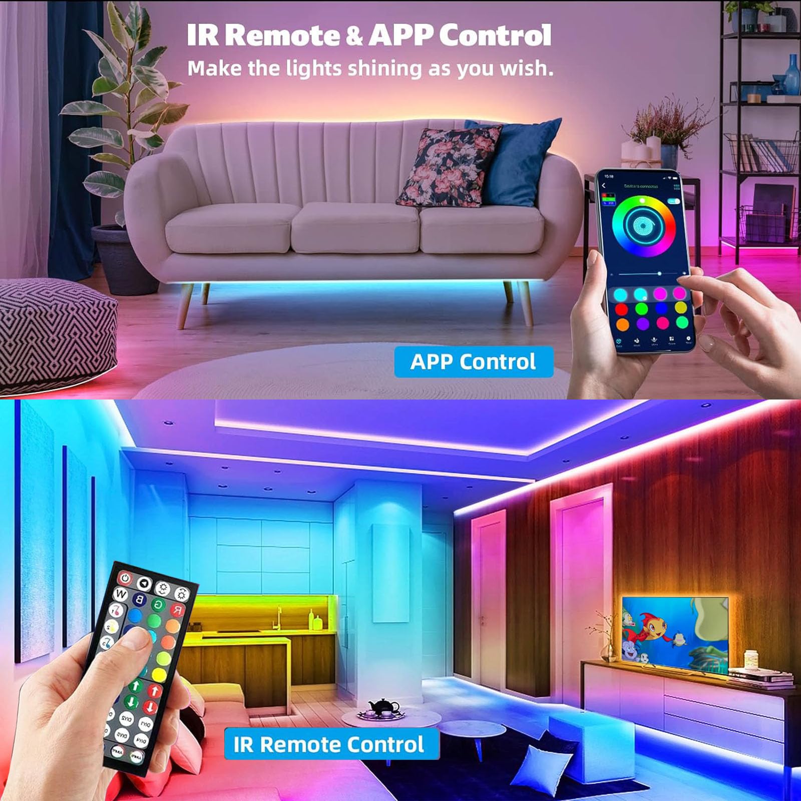 REEMEER Led Strip Lights 50ft RGB Color Changing Smart APP Control T-10 Plastic for Bedroom Kitchen Party
