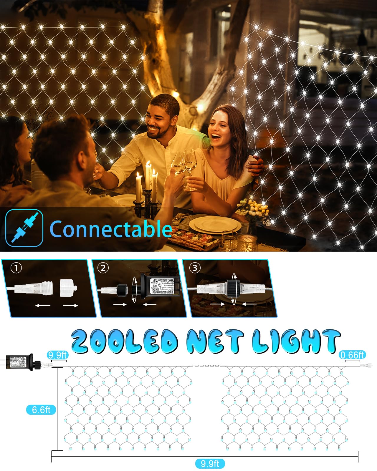 9.8Ft X 6.6Ft Christmas Net Lights, 200 Led Net Lights With 8 Modes, Connecable, Timer, Waterproof Halloween Lights Outdoor Bush