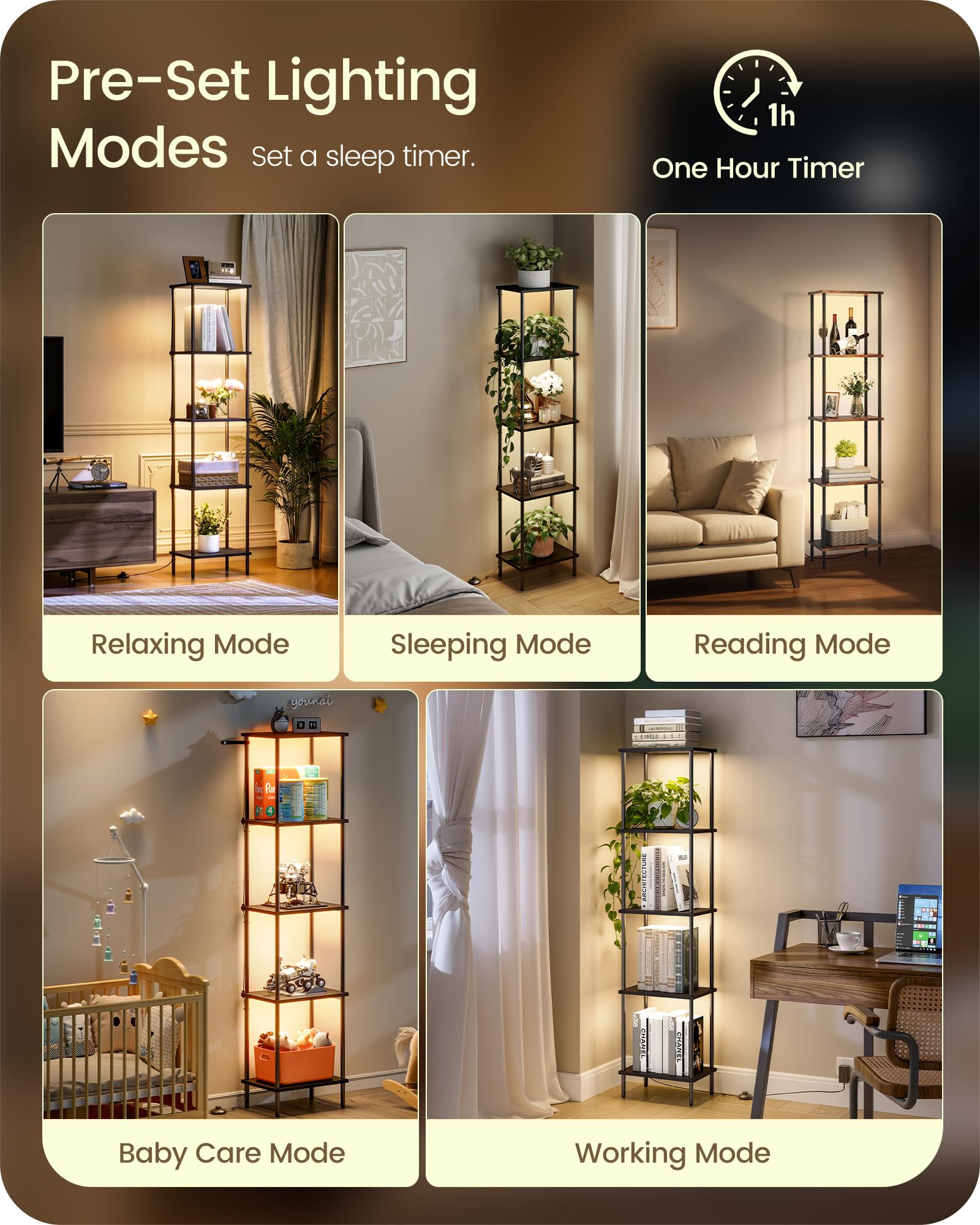 GOEBLESON 5-Tier Display Shelf Floor Lamp with Dimmable LED Light, Black, Model B52LD05, Remote & Foot Control, Corner Design