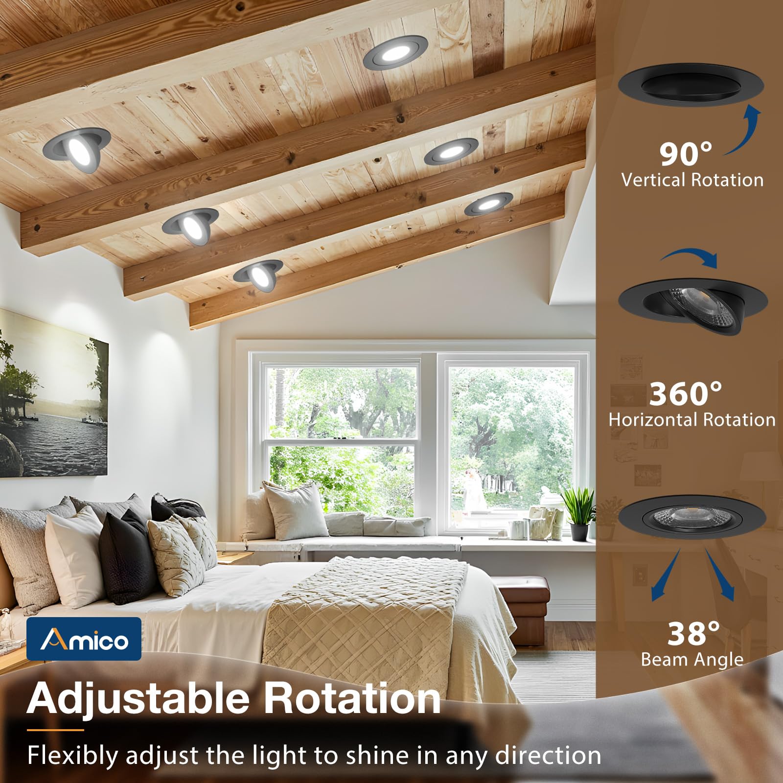 Amico 12 Pack 4 Inch Black Gimbal LED Recessed Lighting, Dimmable 5CCT, 700LM, CRI90+, Model 4EJCT09GR