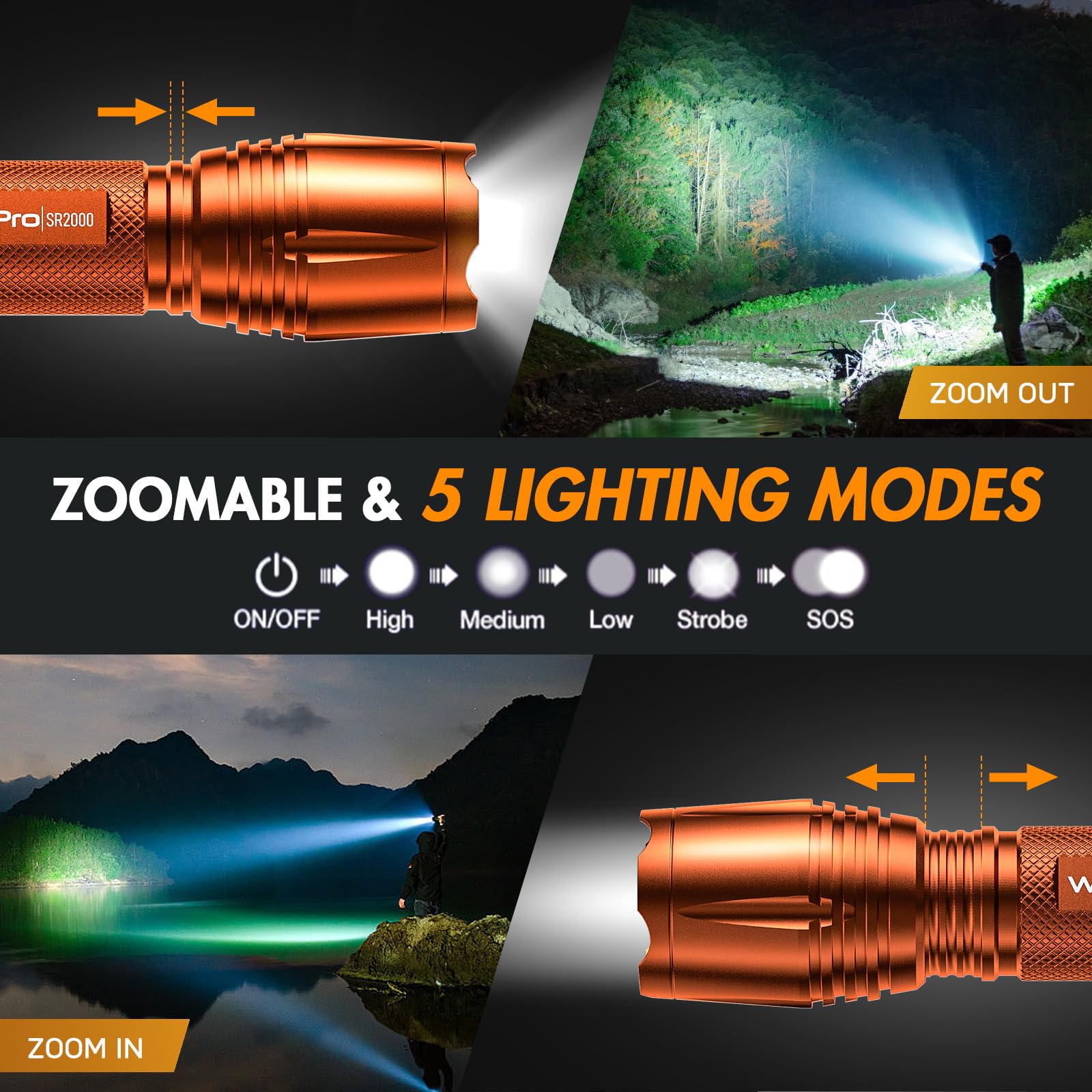 WdtPro LED Flashlight SR2000 Pro, 5 Modes & Zoomable, 2 Pack, Orange, Aluminum