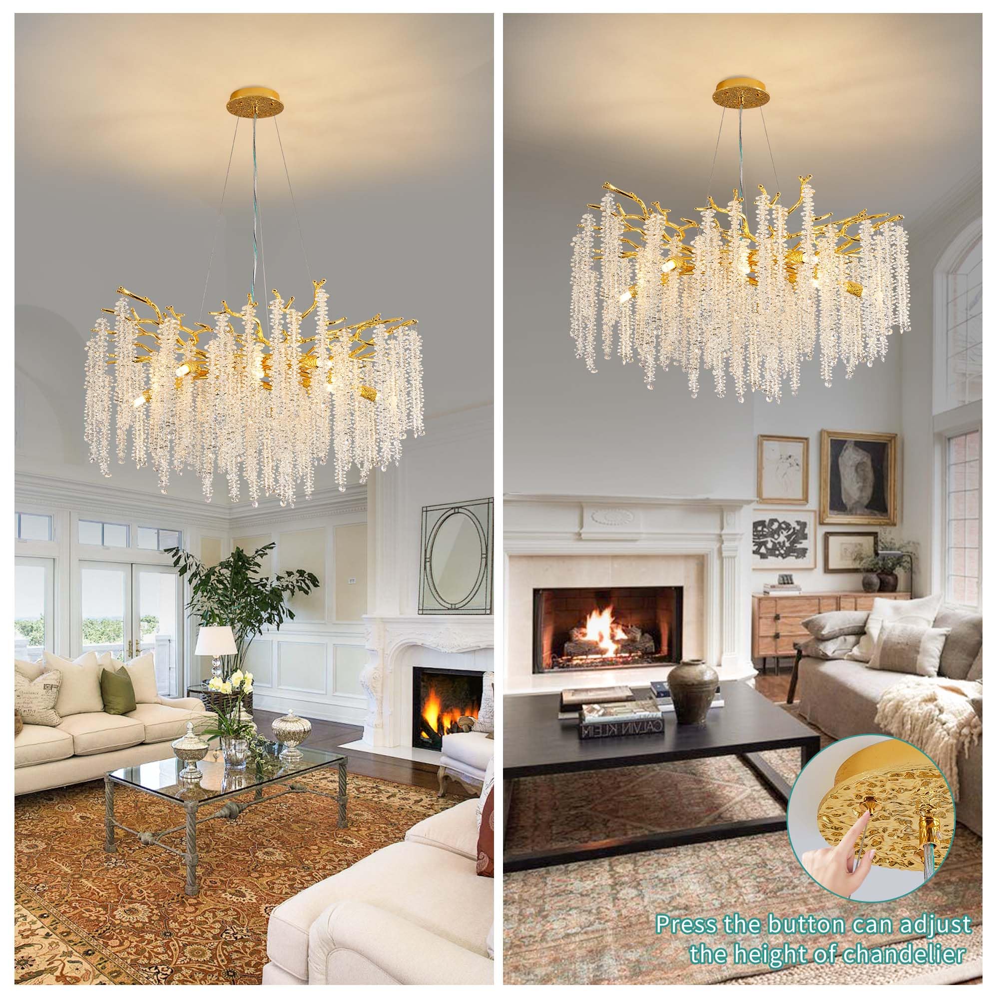 Upfelw Modern Crystal Tree Branch Chandelier, Gold Round Art Deco Raindrop Lighting Fixture For Dining Room Bedroom Living Room