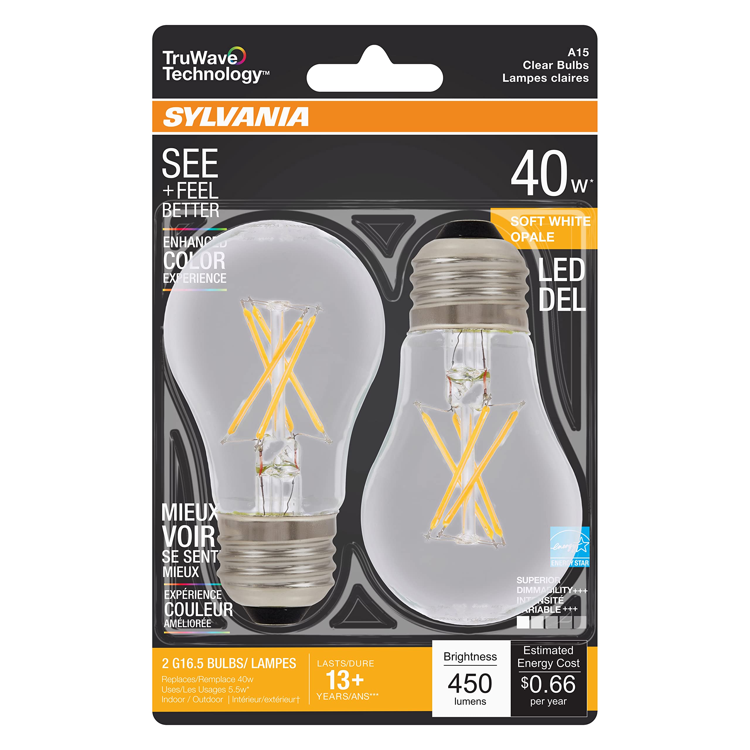 LEDVANCE SYLVANIA 40W A15 Soft White LED Bulbs, Dimmable, Clear, 2 Pack, Model 40761, Glass