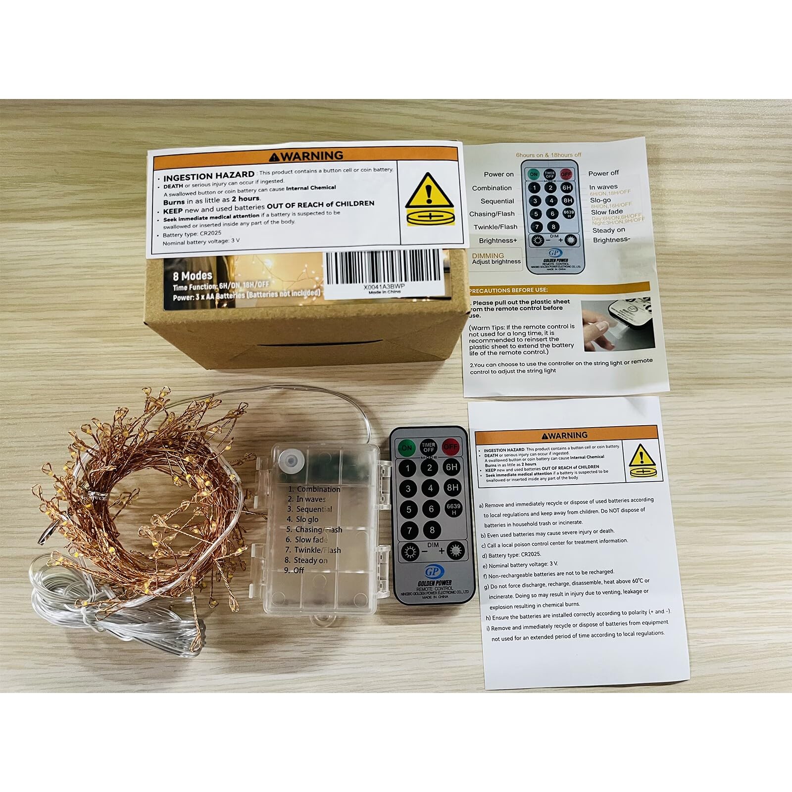 Lycklig Battery Operated Christmas Lights, 200 LED Warm White Fairy Lights, 20FT, Waterproof, Remote, 8 Modes, Gold Copper Wire