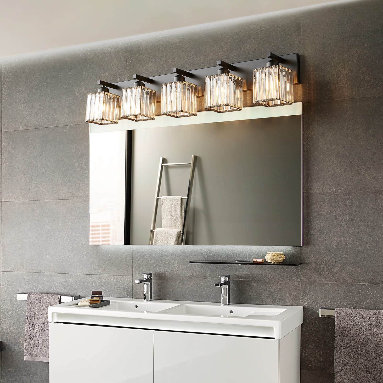 FDPBY Modern Black Crystal Bathroom Vanity Light - 5-Light Wall Fixture, Metal, JW-002, Black