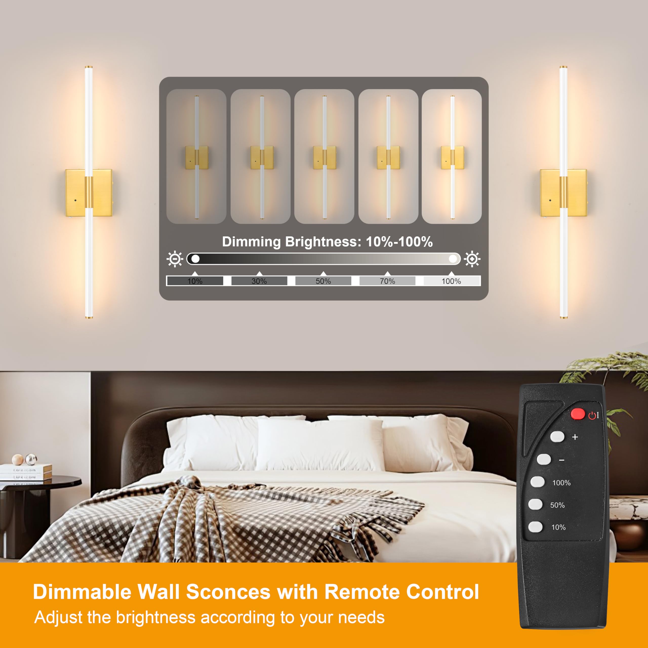 Morauroral Wall Sconces Set of 2, 30 Inch Dimmable Battery Operated, LED Rechargeable, White Gold, Model 7812