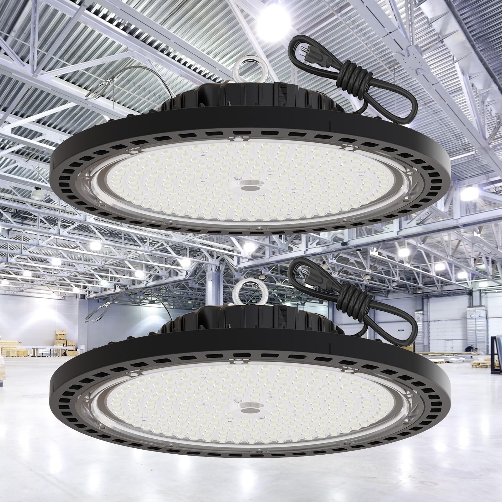 GGTH 2 Pack Super Bright LED High Bay Lights 200W, 29000LM UFO High Bay LED Shop Lights, IP66 Commercial Lighting Fixture, with 