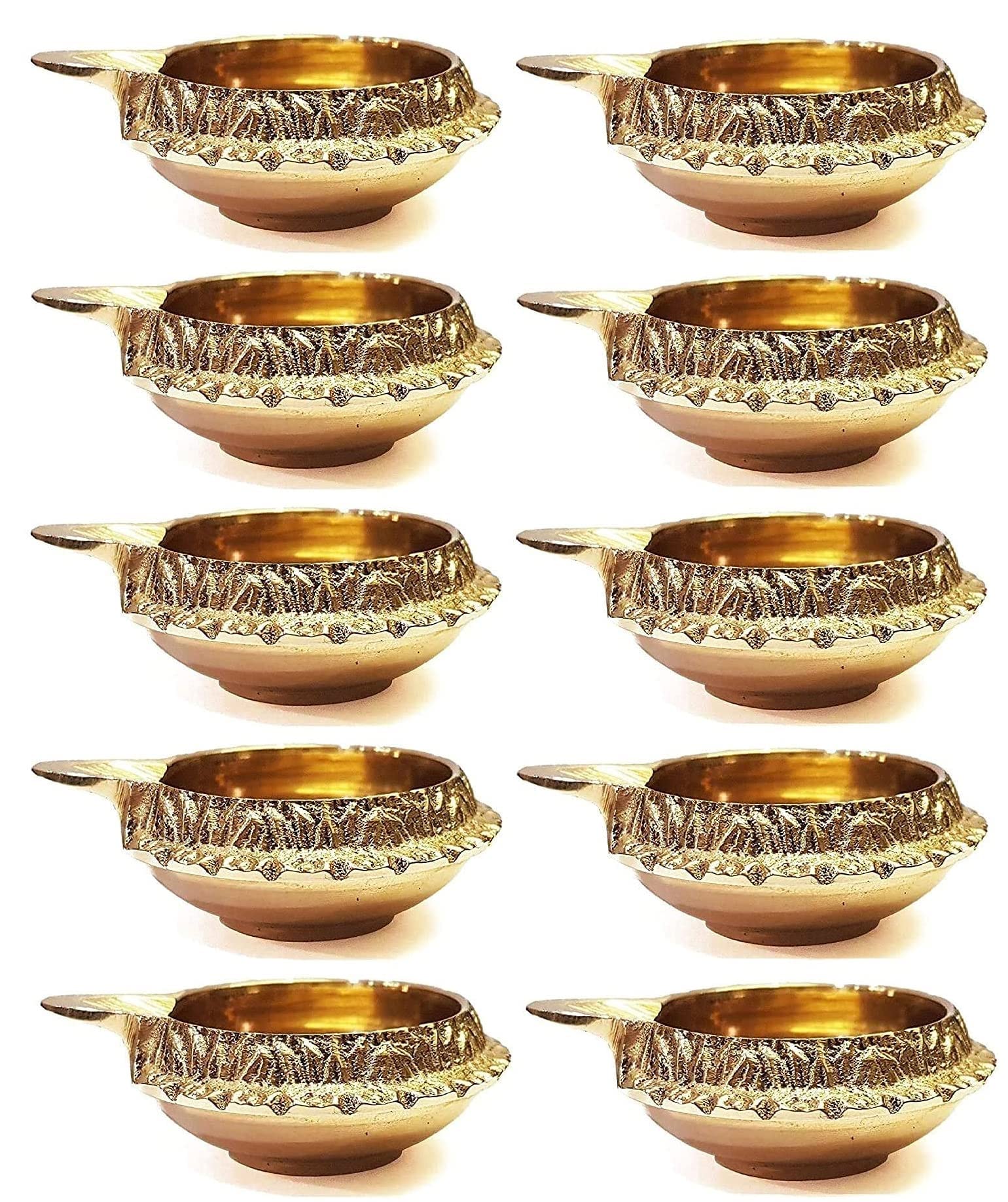 SATVIK 20 Pc Indian Pooja Kuber Diya for Diwali Decoration. Handmade Oil Lamp with Golden Engraved Made of Brass Metal. Vilakku