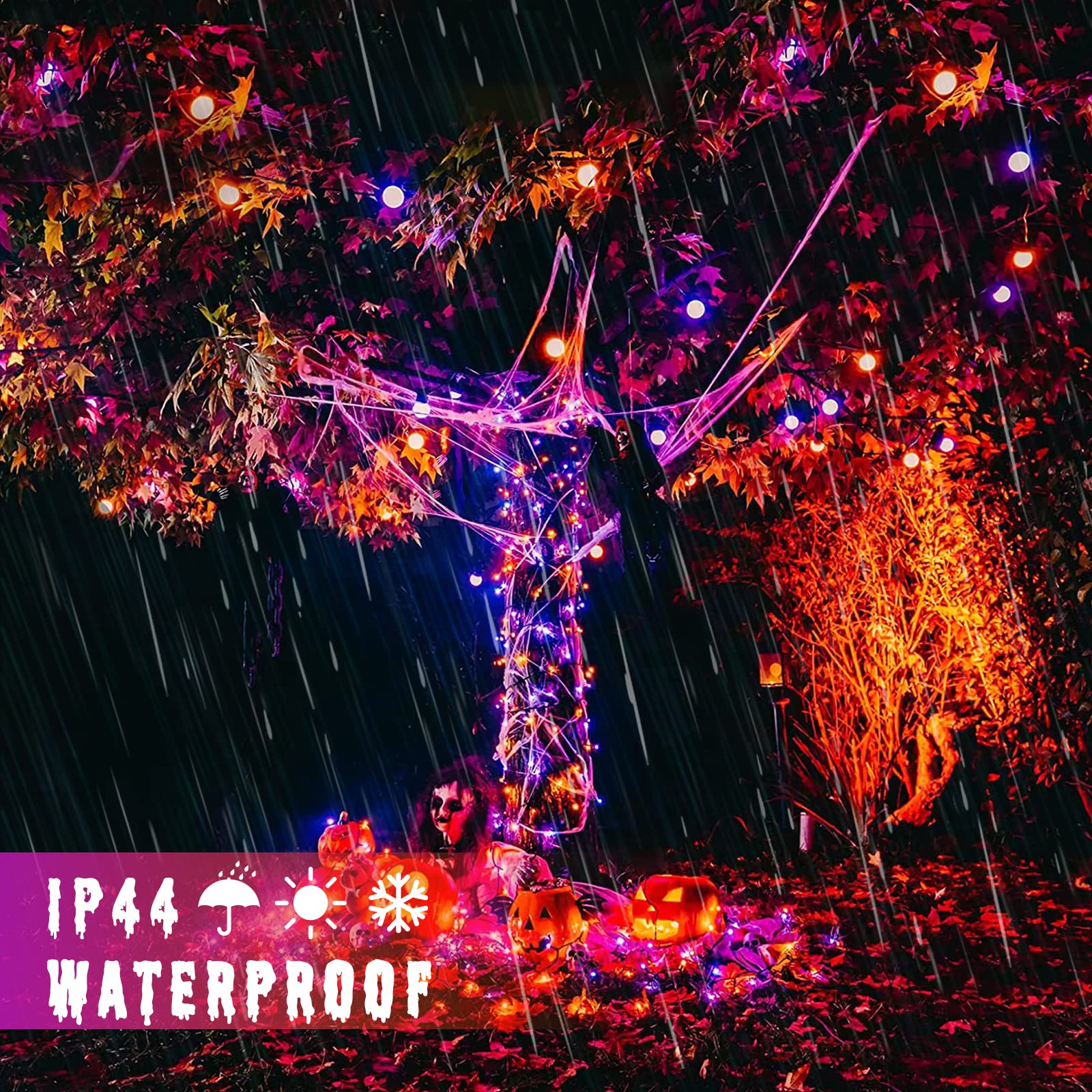 JMEXSUSS Halloween String Lights, 250 LED, Color Changing, Orange & Purple, 15 Modes, Waterproof, Remote Control, Model EXS-S-0250-R