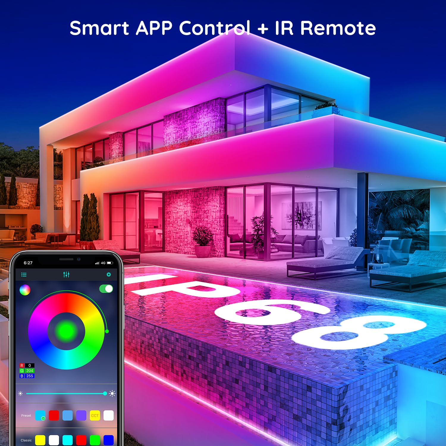 Aulimhti 100FT Outdoor Waterproof LED Strip Lights, RGB Multicolor, Music Sync, App & Remote Control for Deck, Balcony, Garden, Pool