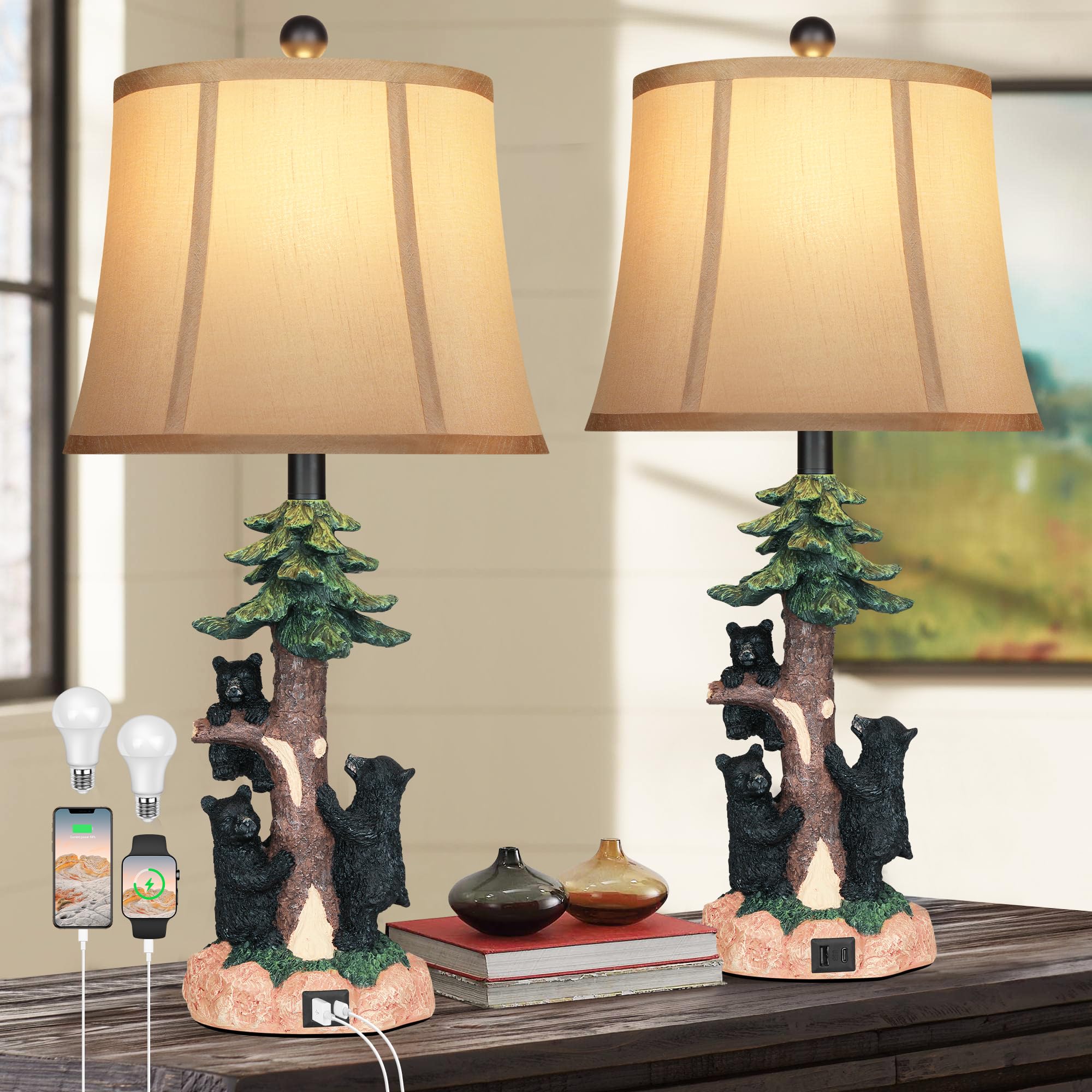 Hamucd Rustic Farmhouse Climbing Bear Table Lamps Set of 2 for Living Room with USB A+C,Bedroom Accent Tree Nightstand Lamps for