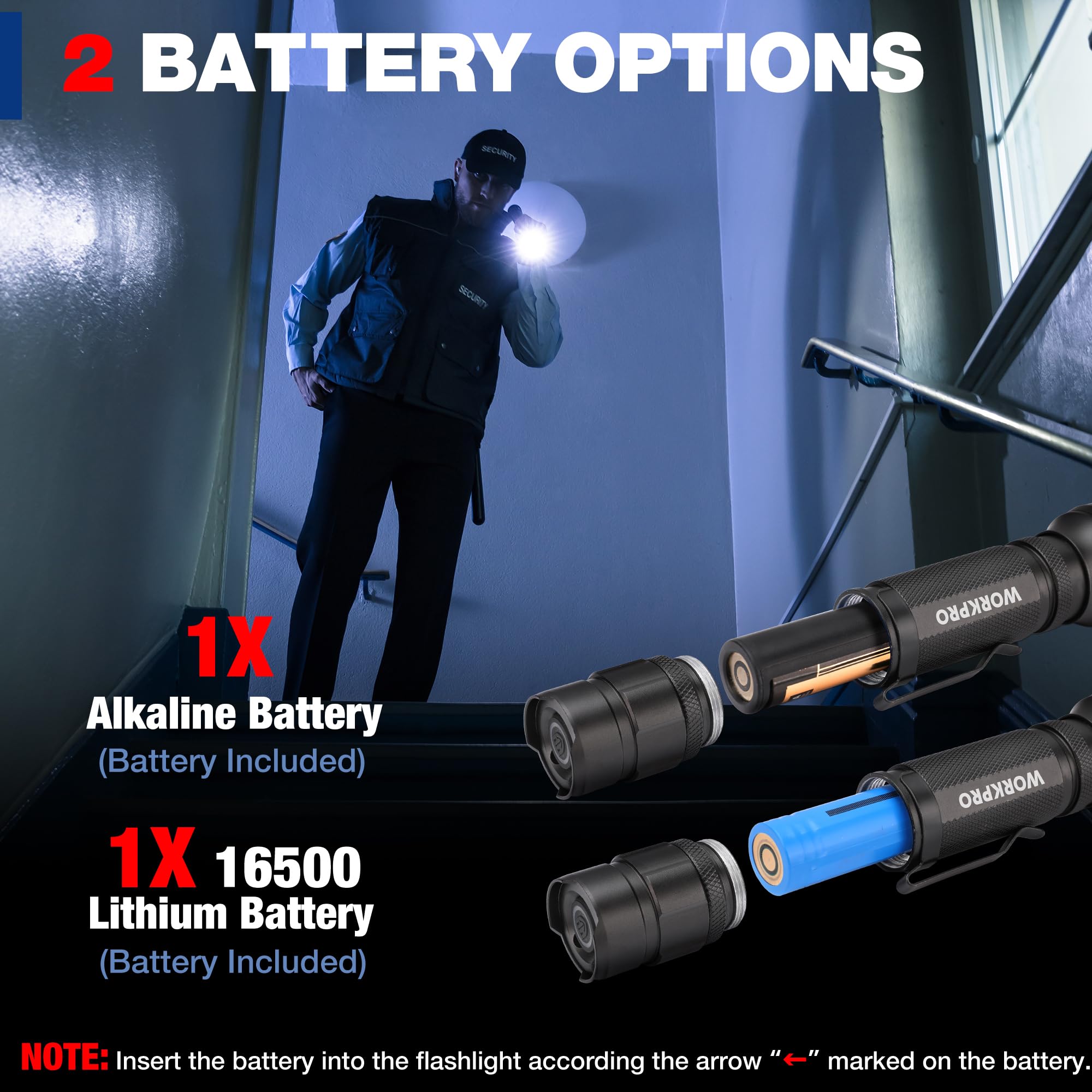 WORKPRO 1200LM Tactical Flashlight - Rechargeable EDC Mini, 7 Light Modes, Zoomable, Black, Model W139025, Includes Lithium & Alkaline Battery