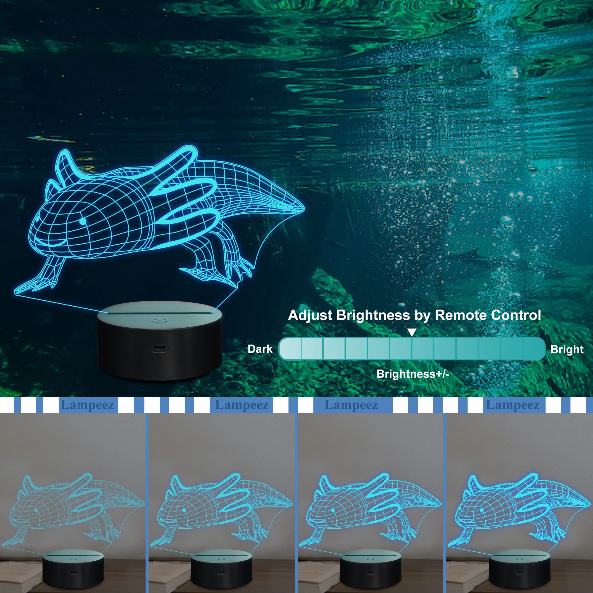 Lampeez 3D Axolotl Lamp Night Light - 16 Color Changing, Acrylic, Multicolor, Model FS-2810-9999, Perfect Kids Bedroom Decor & Gifts