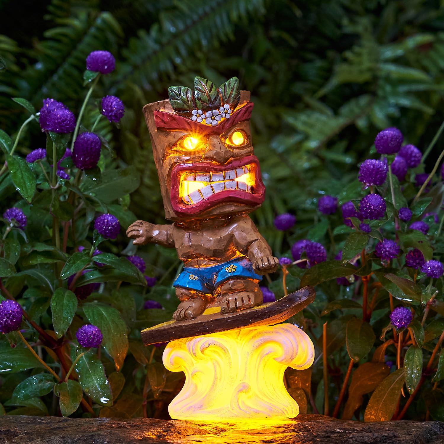 Yiosax Solar Tiki Statue Outdoor Decor-Tiki Bar Decor-Garden Tiki Surfing Statues Waterproof Decoration Figurine For Tiki Bar,Patio,Balcony,Yard,Lawn,Table,9.92 Inches Tall