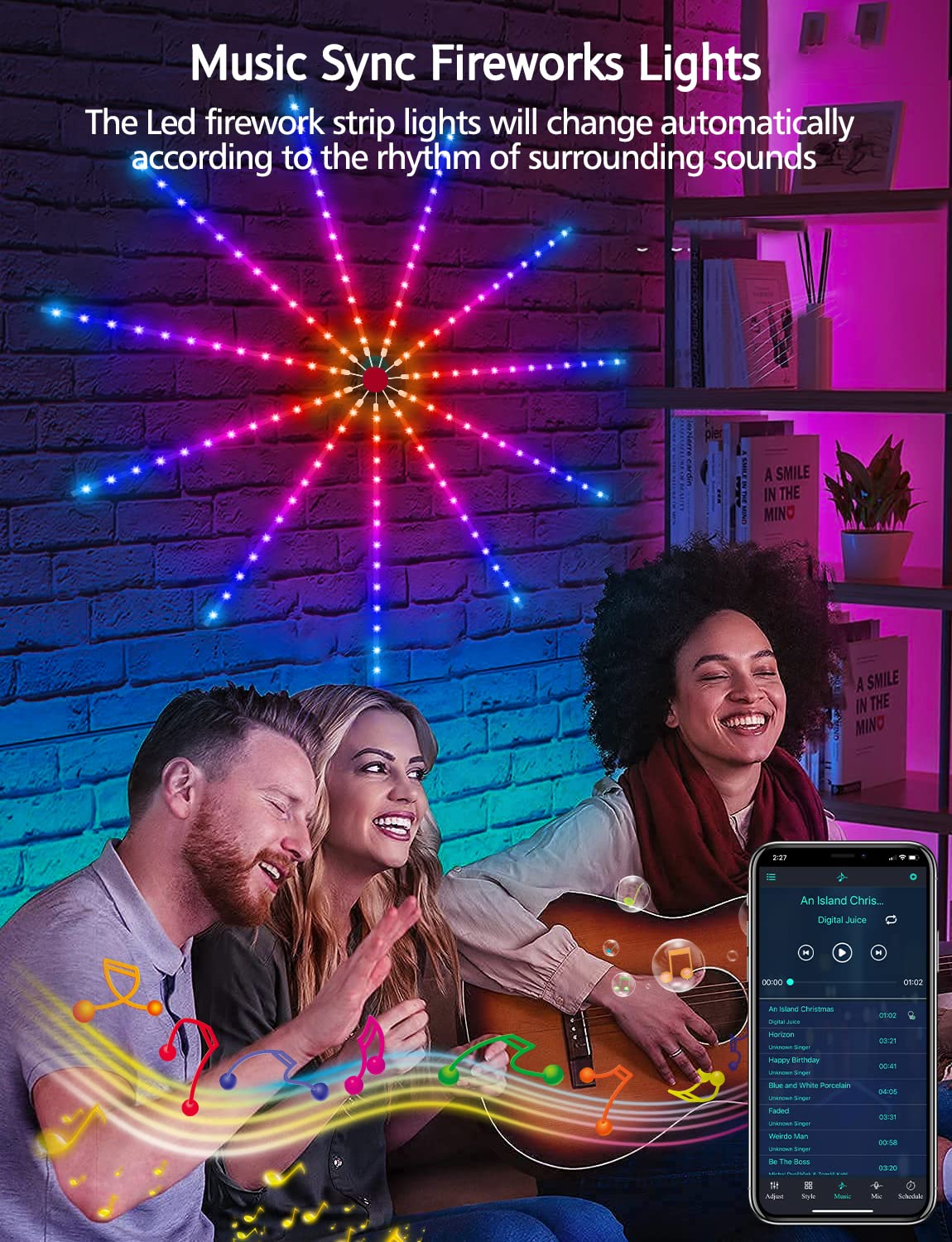 Daymeet Smart Firework Led Lights, Icrgb Dream Color Led Lights For Bedroom, Led Strip Lights With Remote App Control, Color Changing Music Sound Sync Light For Bedroom, Christmas Decorations