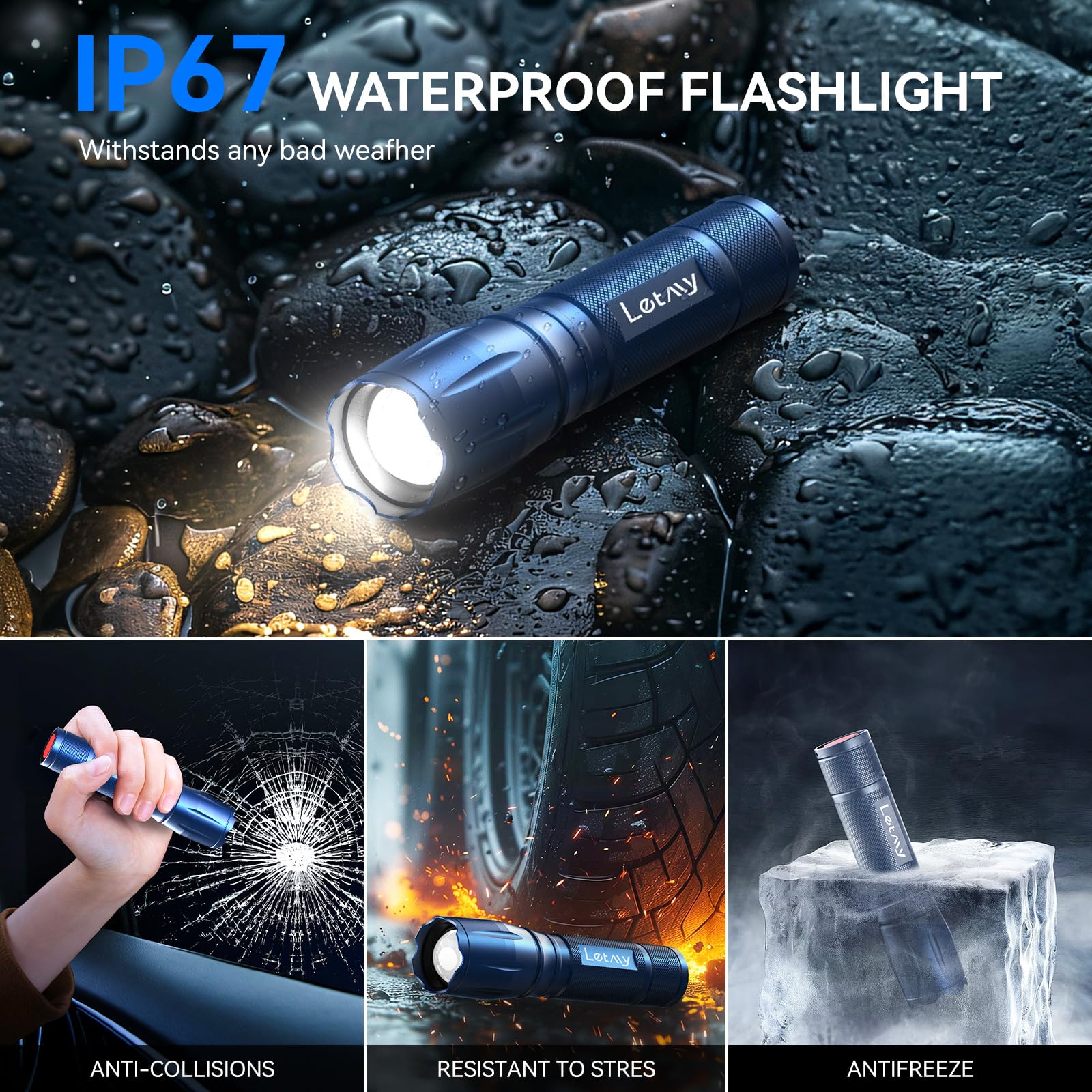 LETMY Tactical Flashlight 2 Pack - High Lumens, Zoomable, Waterproof, Aluminum, Blue