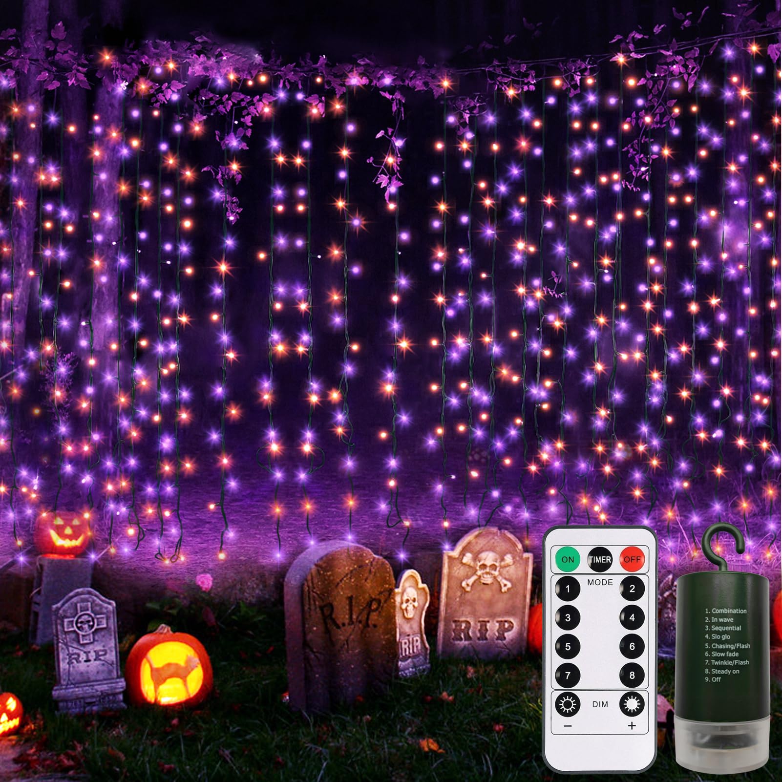Dealbeta 300 Led Purple Orange Curtain Lights With Remote - Battery Operated, 8 Modes, 9.8Ft×9.