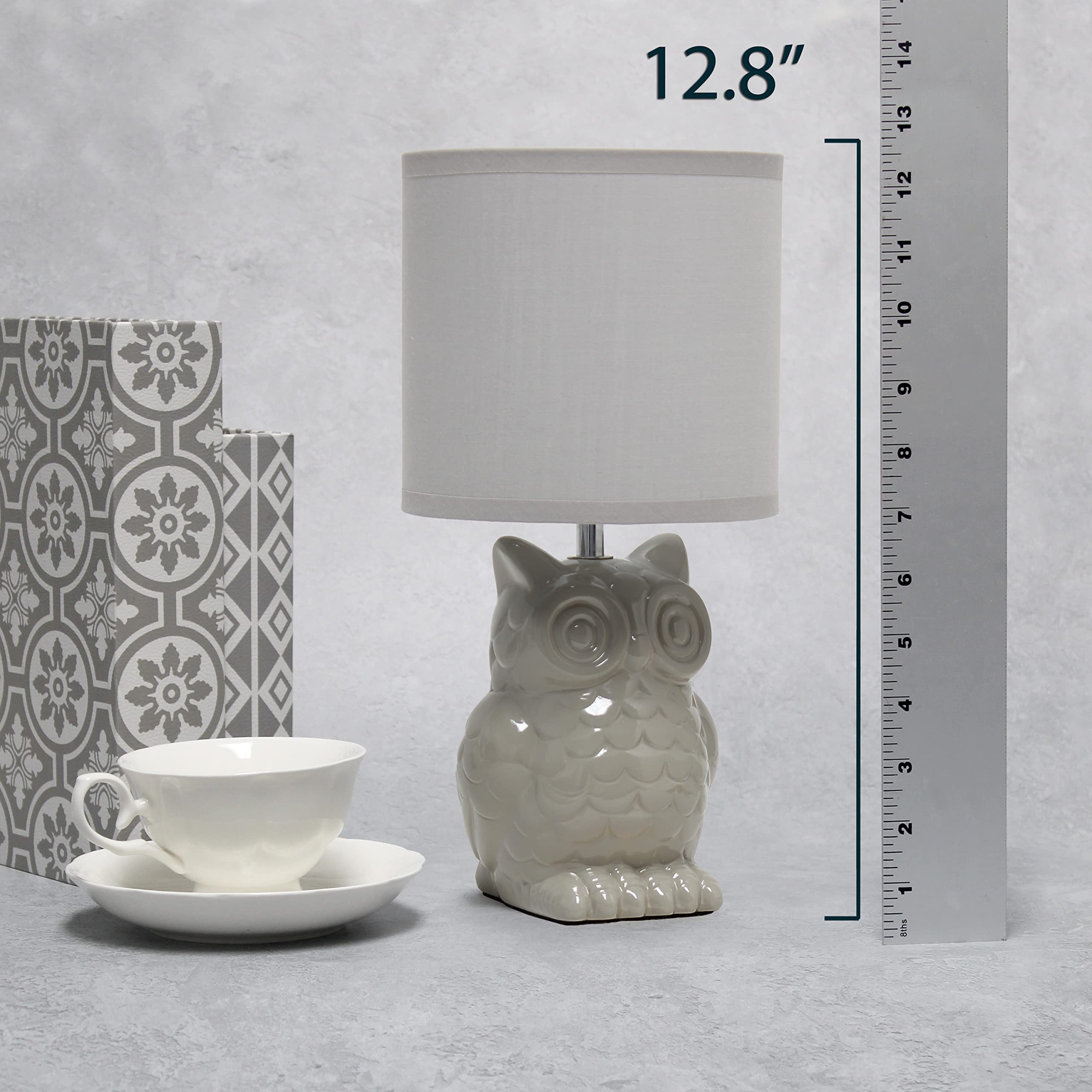 Simple Designs Lt1136-Gry Gray Ceramic Owl Table Lamp 12.8 With Fabric Shade For Bedroom, Living Room, Nursery