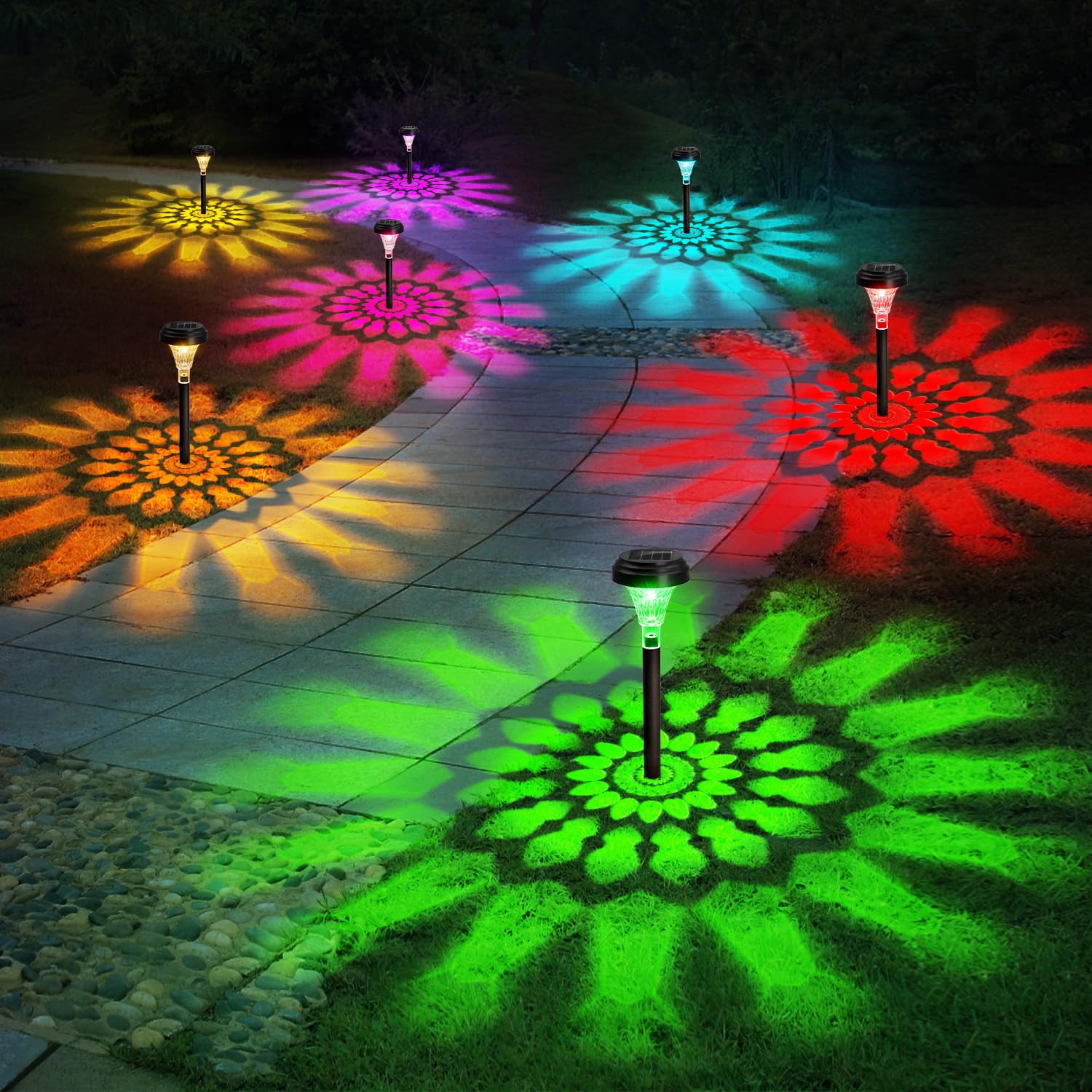 fomaia Solar Pathway Lights 12 Pack  Outdoor Solar Garden Yard Light RGB Color Changing+Warm White IP67 Waterproof  Solar Powered Garden Lights for Walkway Yard Backyard Lawn Landscape