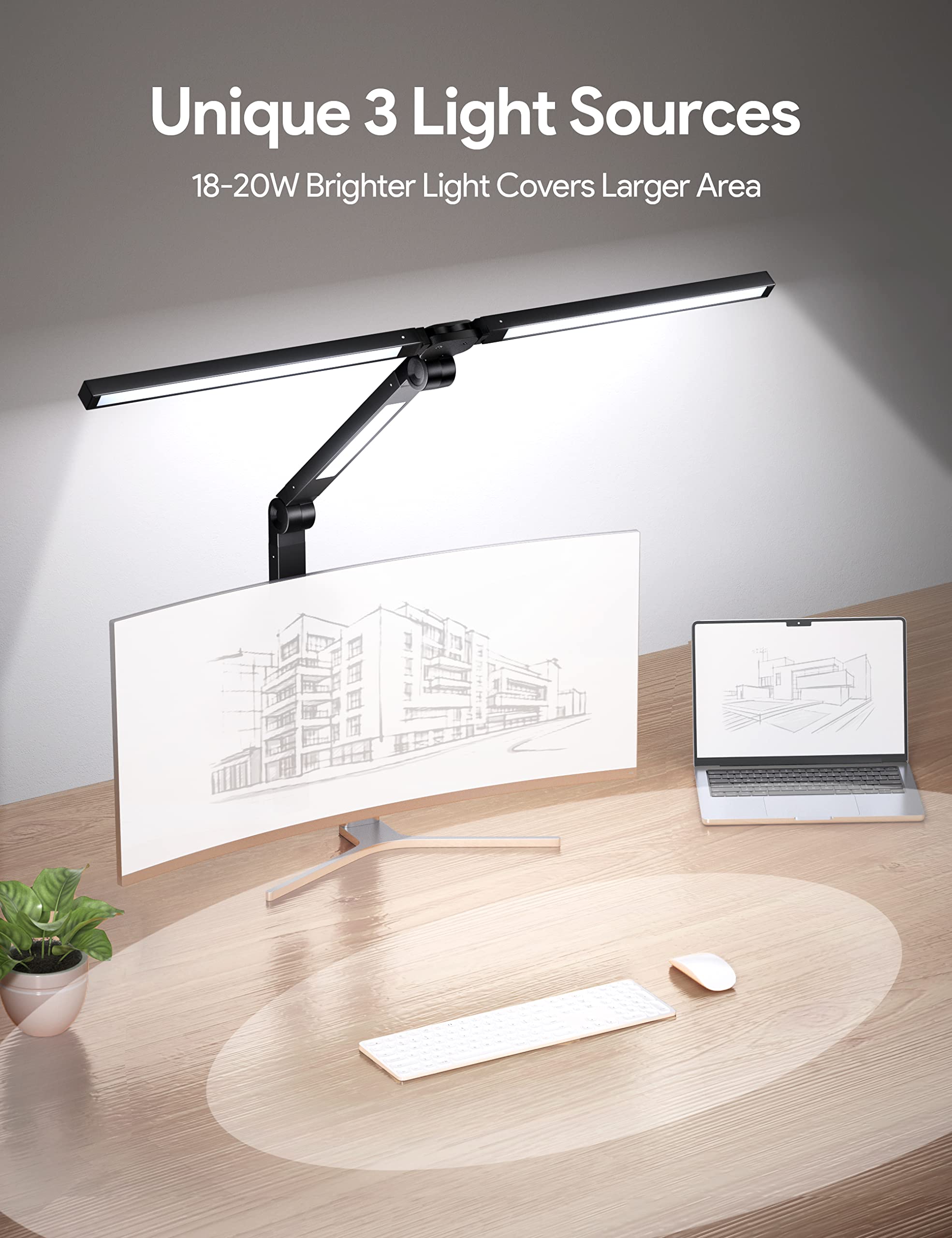 Mediacous Led Desk Lamp With Clamp - 20W, 3 Lights, 4 Color Modes, Eye-Caring And Flexible