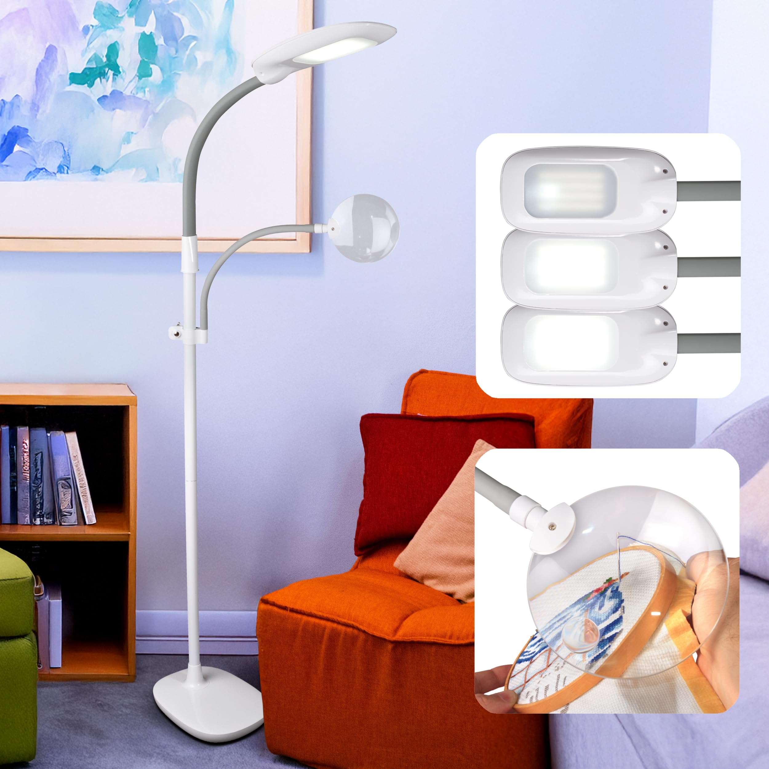 Ottlite Led Floor Lamp With Optical Grade Magnifier - Clearsun Led Technology - 3 Brightness Settings  Adjustable Arm & Touch Sensitive Controls - Great For Sewing Table  Crafting  Home & Office