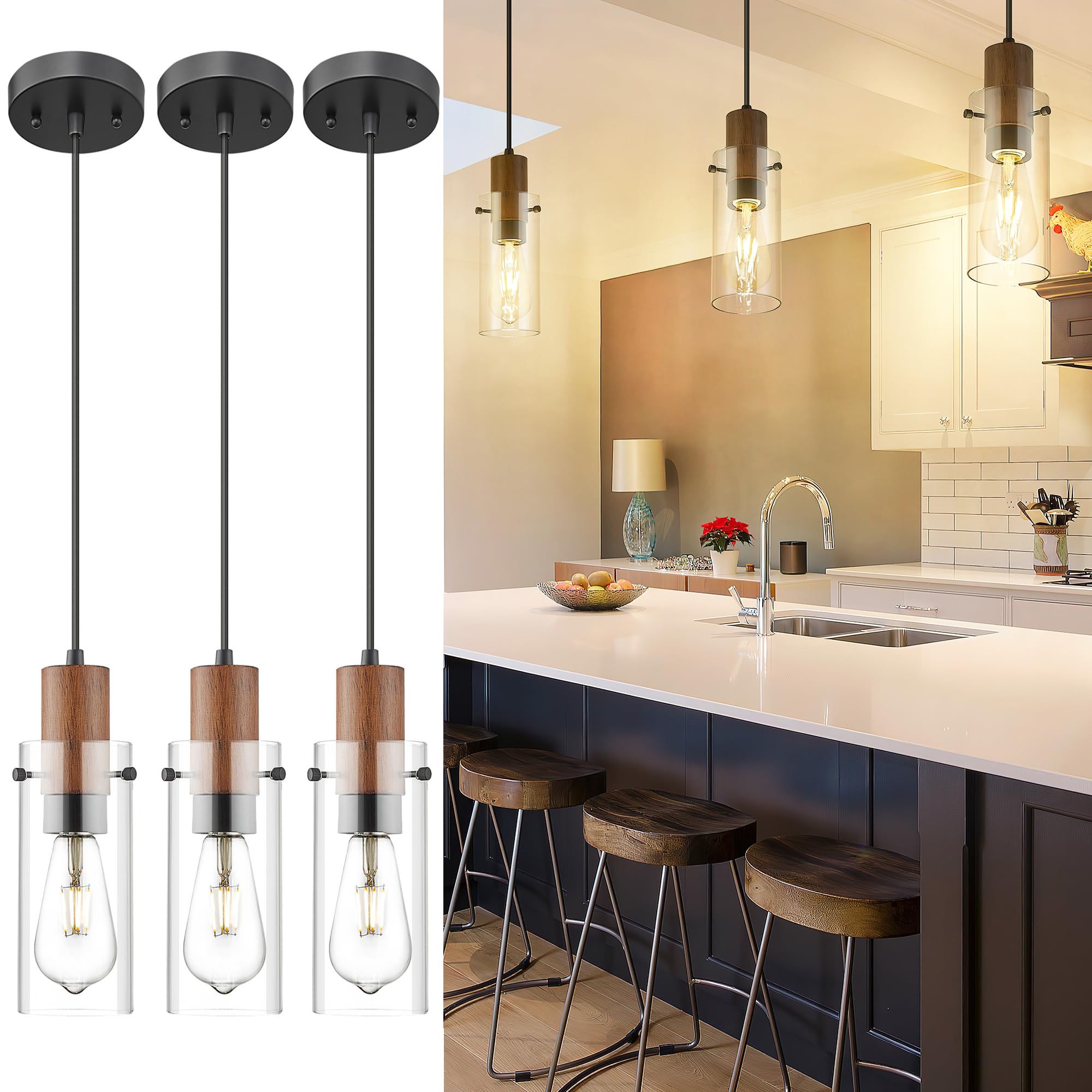 Emak 3 Pack Mini Pendant Lights Kitchen Island, Black Pendant Light with Clear Glass Shade, Wood Grain Painted, Modern Farmhouse