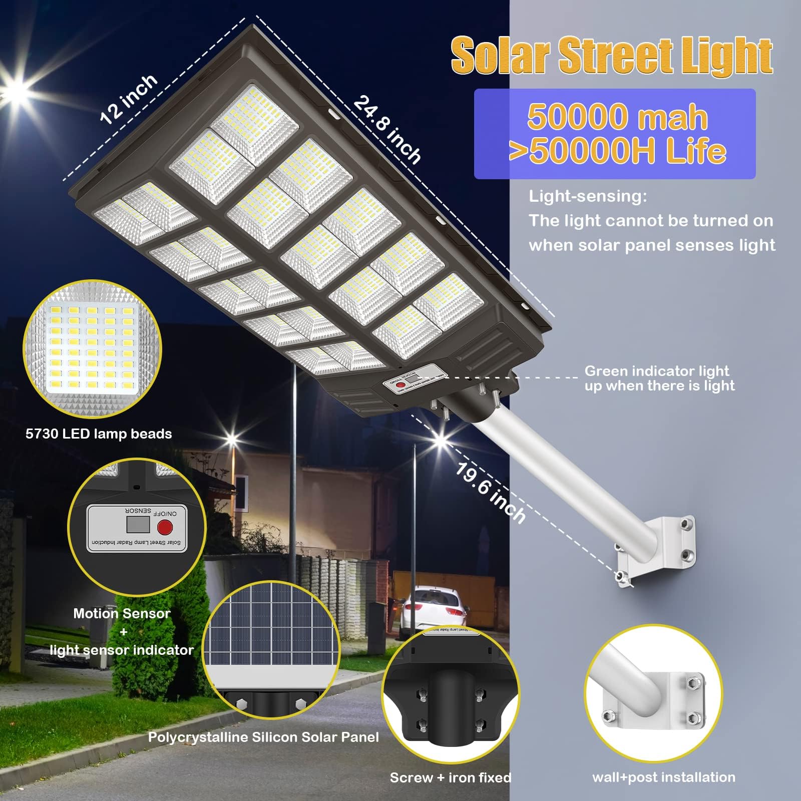 INSDEA Solar Street Light 6000W Motion Sensor Dusk to Dawn IP65 Waterproof Black LED for Garden Yard Parking Lot