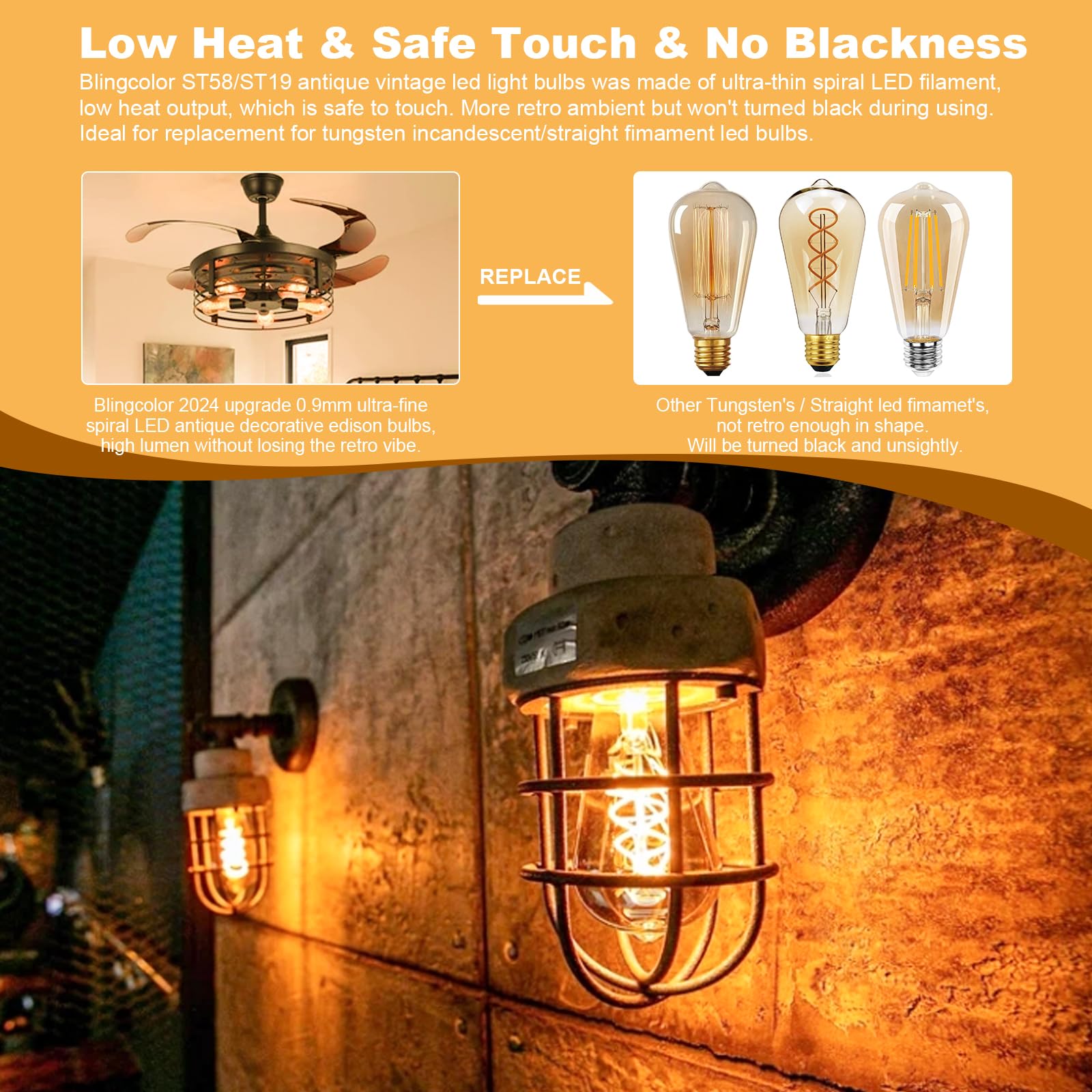 Blingcolor E26 Led Vintage Edison Light Bulbs 40W Equivalent, 4W Dimmable E26 Led Edison Bulb 2200K Amber Warm Light Bulb, St58
