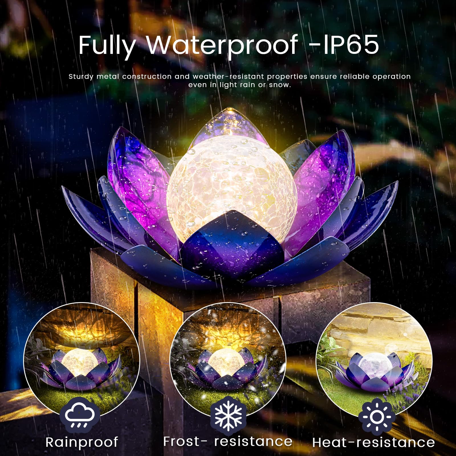 Huaxu Solar Lights For Outdoor Decor, Purple Lotus Flower Light, Waterproof Led Crackle Globe Glass Lamp For Garden, Patio, Yard