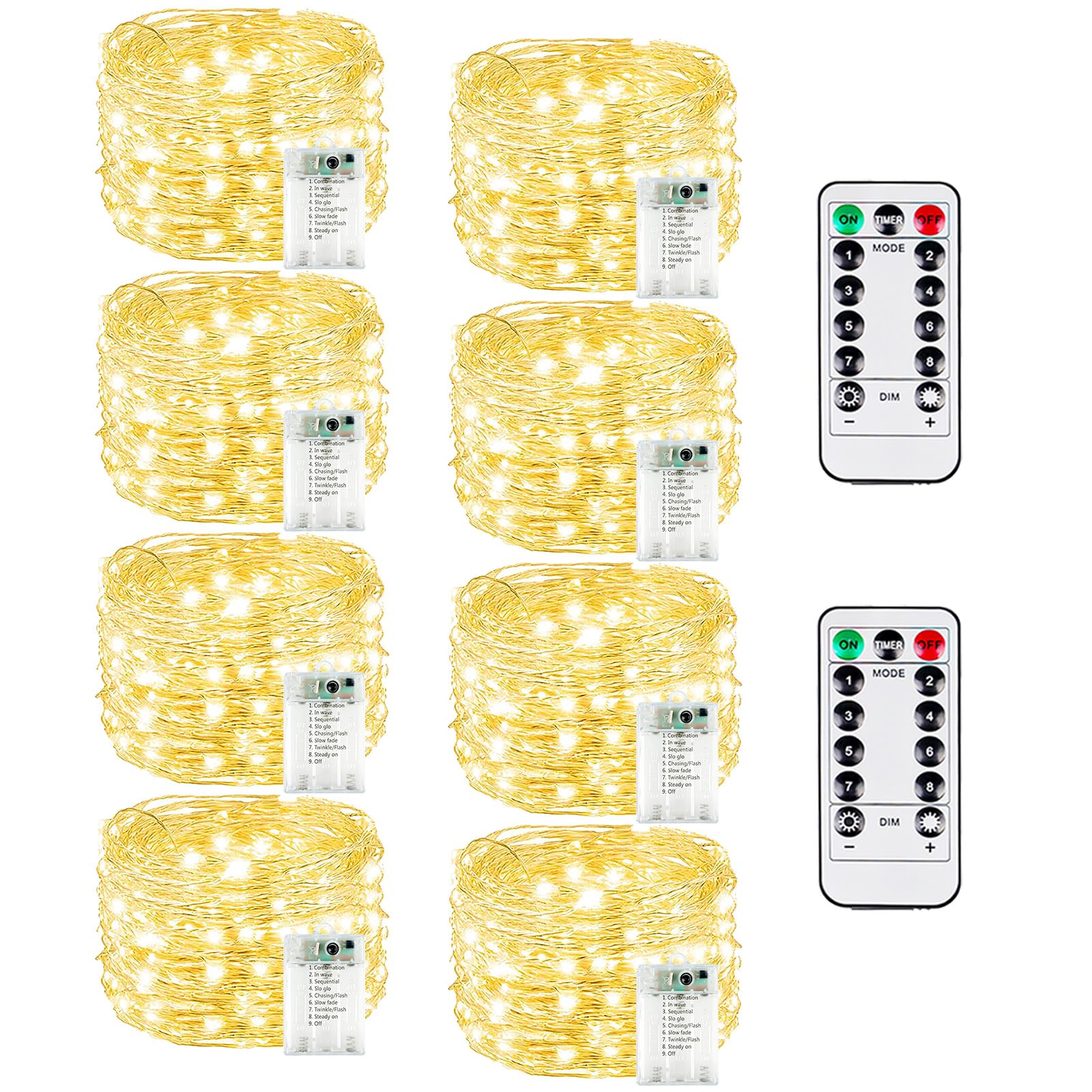 BOSSERN 8 Pack 20FT 60LED Fairy Lights, Battery Operated, Waterproof, with Remote, Warm White, DCHD-06-60LED-RM-WarmWhite