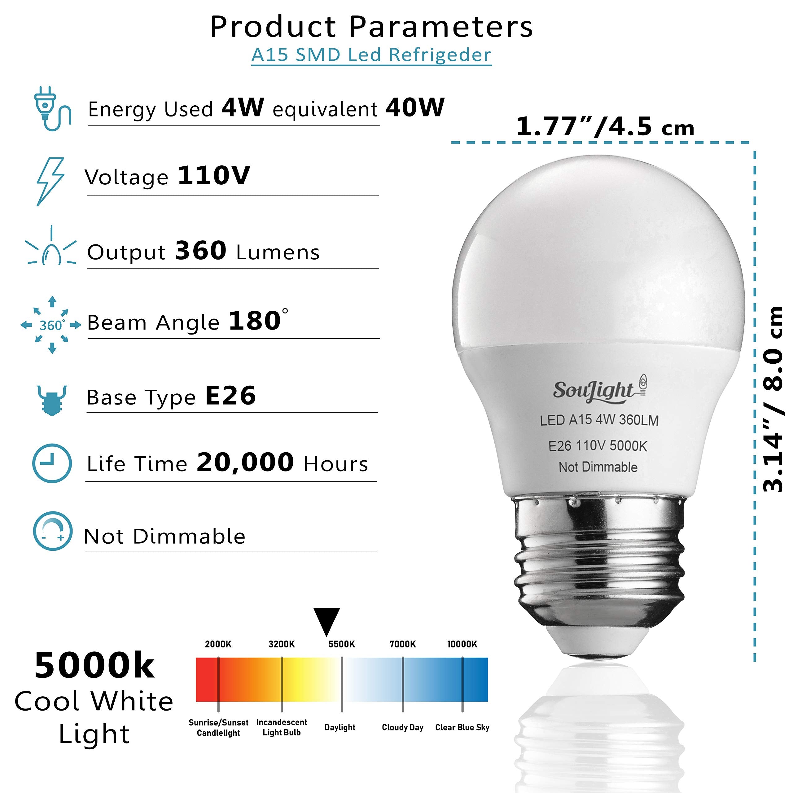 SouLight Refrigerator Light Bulb LED - 4W Equivalent, Waterproof E26 Base, 5000K Daylight White, 360 Lumen - 2 Pack