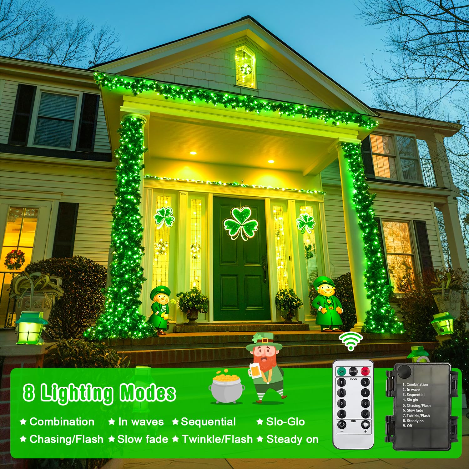 Jmexsuss 2 Pack 100 Led Green Lights For St Patricks Day, Each 33 Ft Green Battery Operated String Lights, Christmas Lights Indo