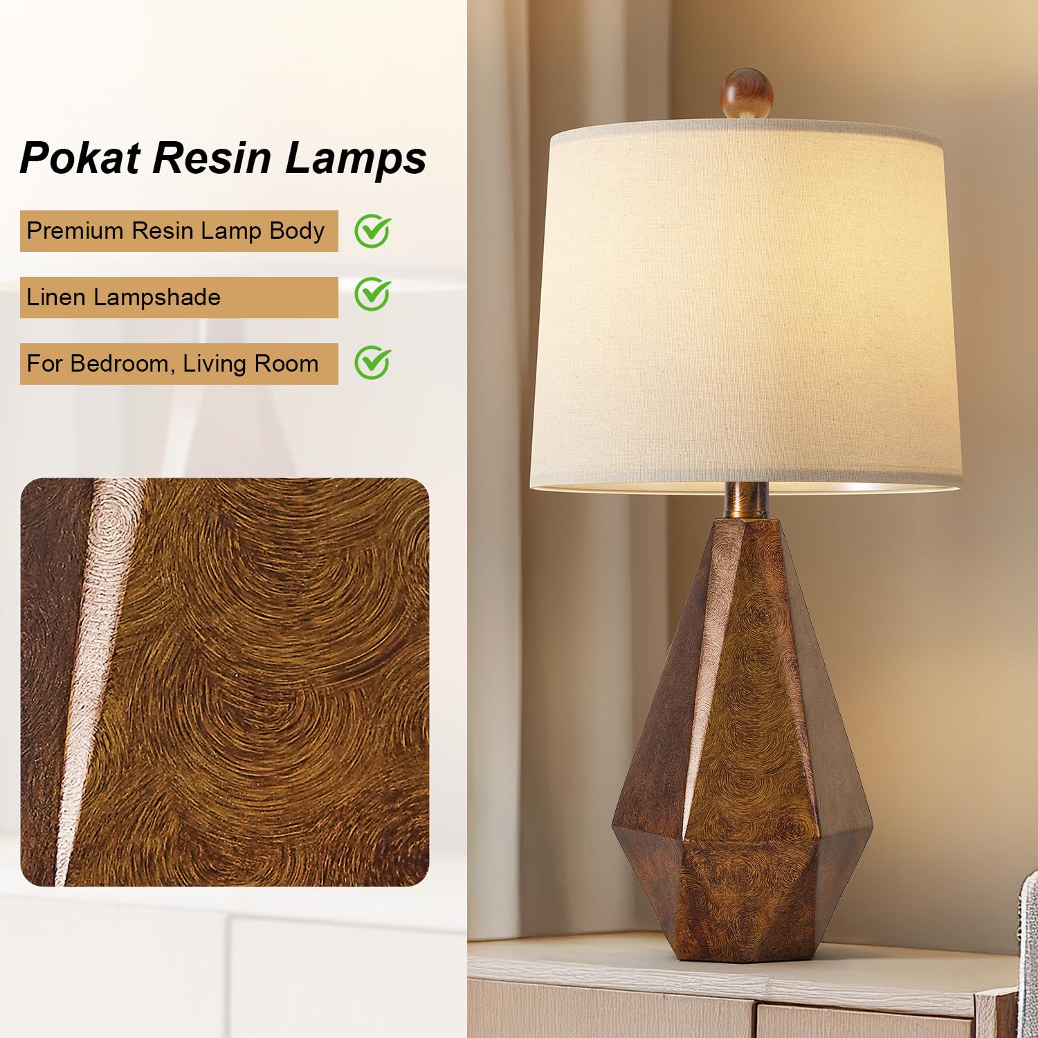 Pokat 20.25'' Farmhouse Table Lamps Set Of 2 For Night Stands, Vintage Bedroom Lamps For Bedroom Living Room, Retro Bedside Lamp