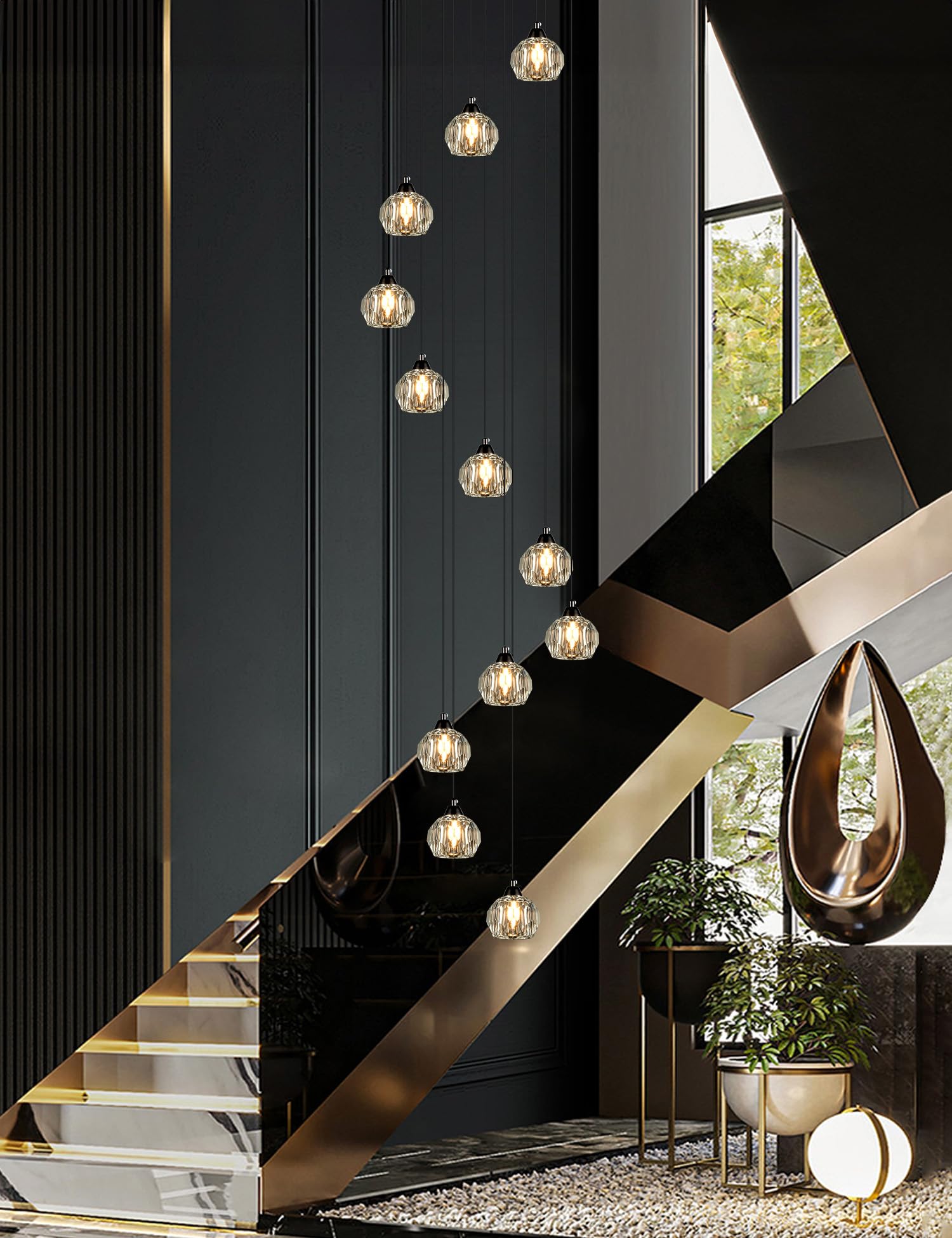 Weesalife 12-Light Black Crystal Chandelier, Model 8817-12C BR, Brass Pendant Light for High Ceilings, Living Room, Kitchen, Hallway