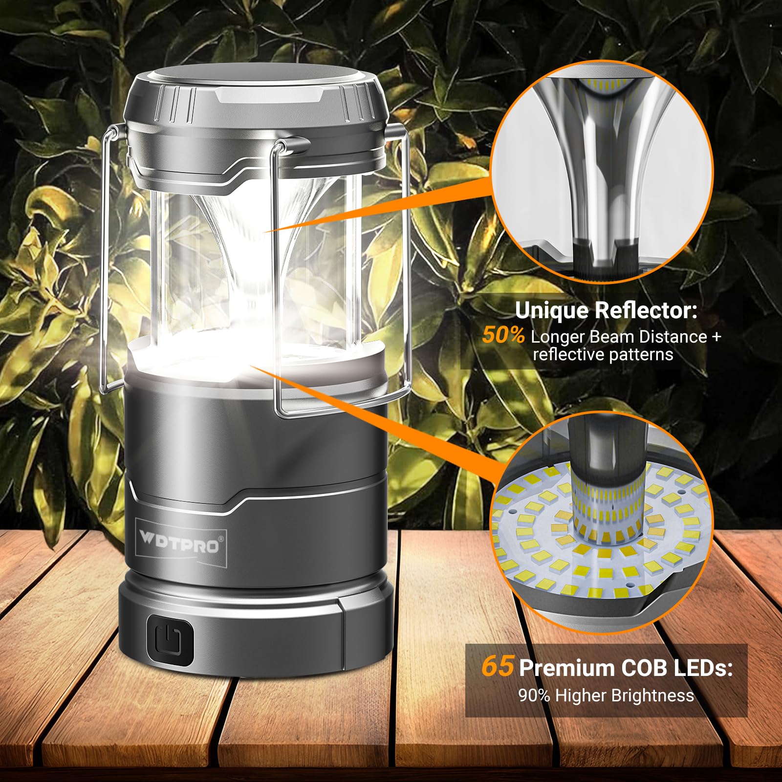 WdtPro Camping Lantern 2 Pack, 65 LED, Waterproof, Collapsible, Stepless Dimming, Gray, Model SCL006