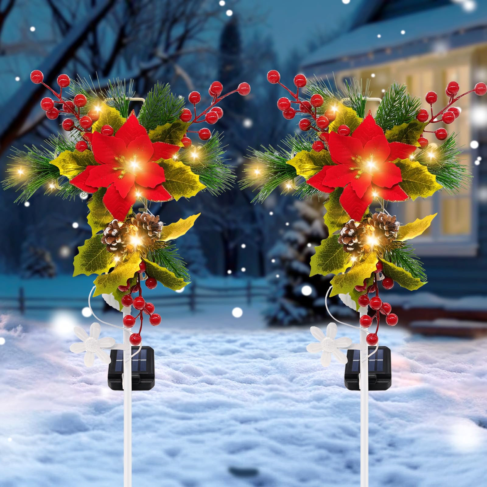 2 Pack Solar Christmas Decorations Outdoor, 32 Inch Solar Christmas Cross Stake Lights, Waterproof Grave Decorations with Poinse