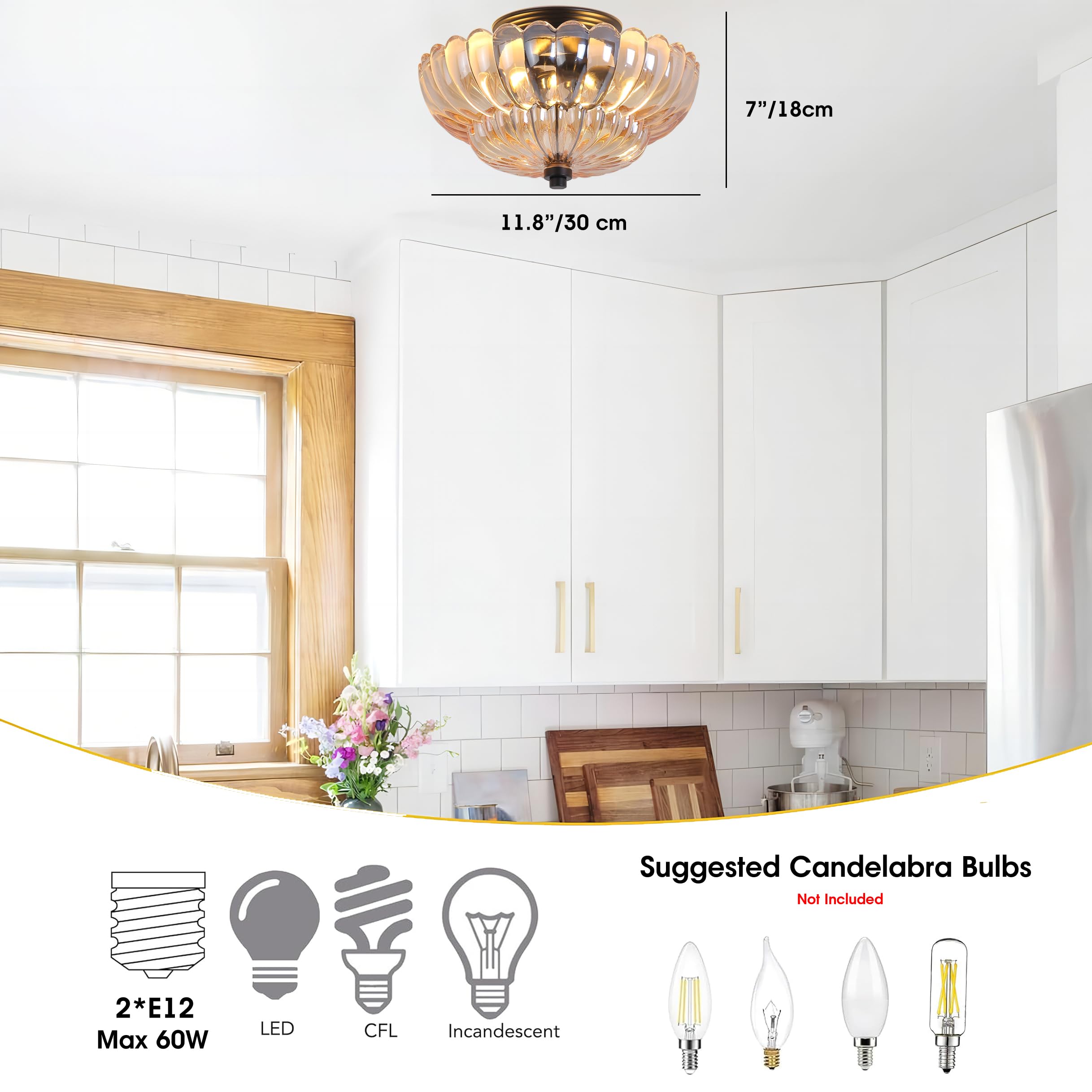 Semi Flush Mount Ceiling Light, Scalloped Amber Glass Close To Ceiling Light Fixtures With 2 Lights, Black Vintage Light Fixture