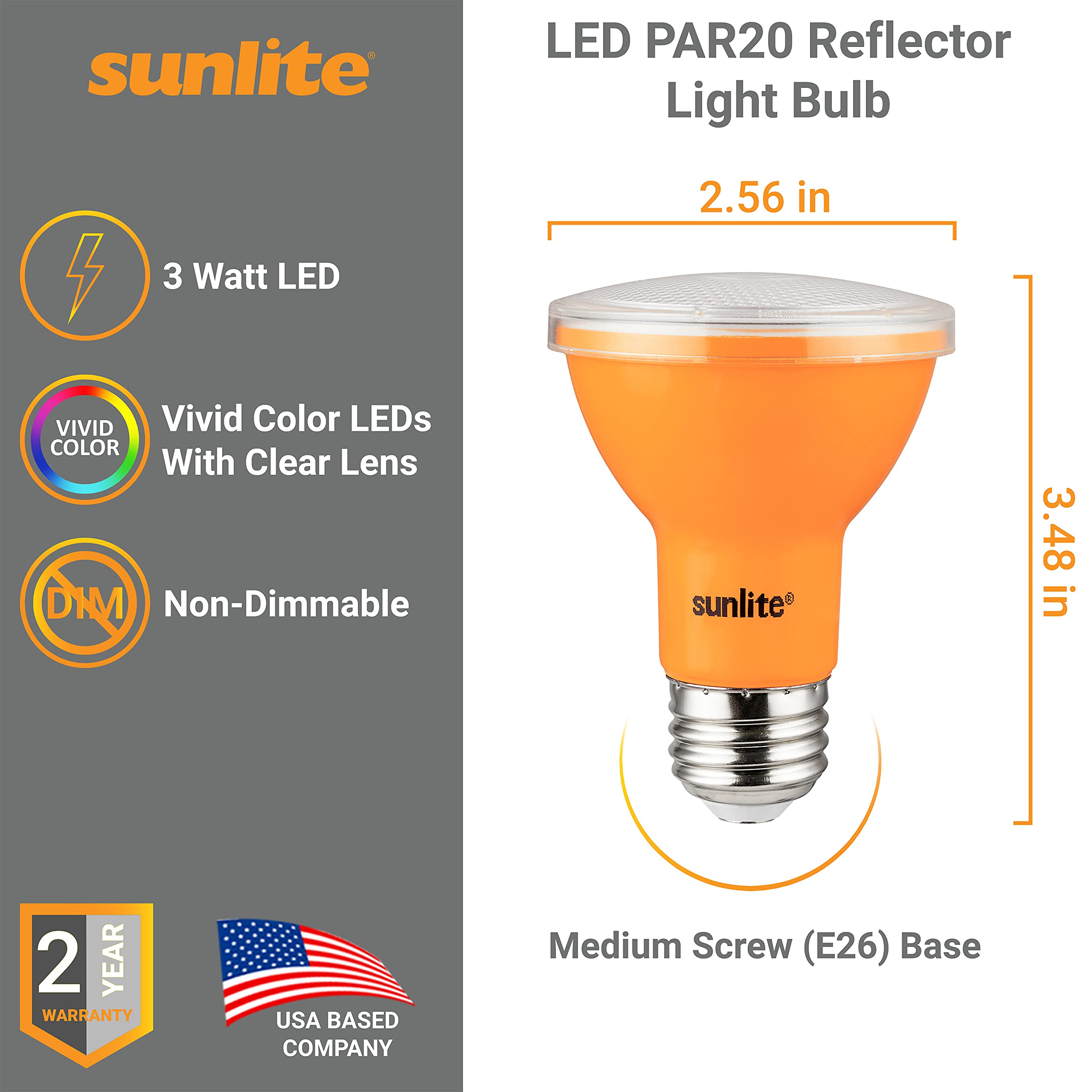 Sunlite LED PAR20 Floodlight Bulb, 3W (50W Equivalent), Amber, E26 Base, ETL Listed, 1 Count
