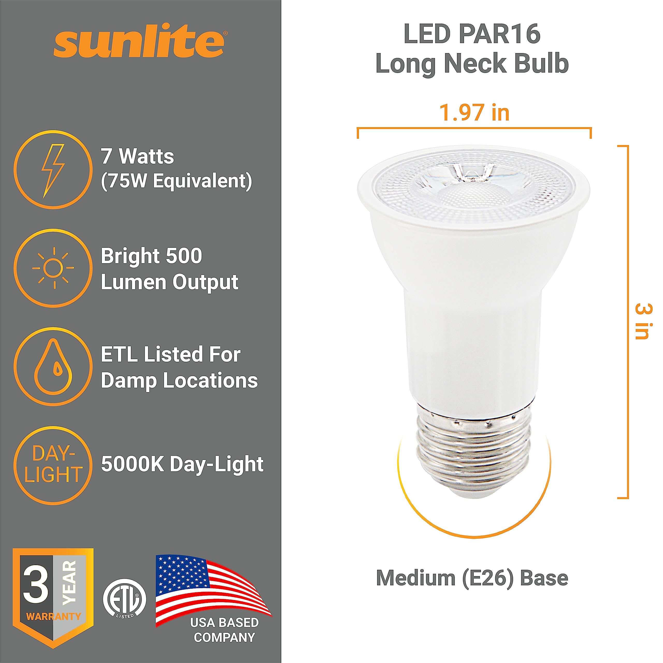 Sunlite 41568 Led Par16 Long Neck Recessed Spotlight Bulb, 7 Watt, (75W Halogen Replacement), 500 Lumens, Medium (E26) Base, Dim
