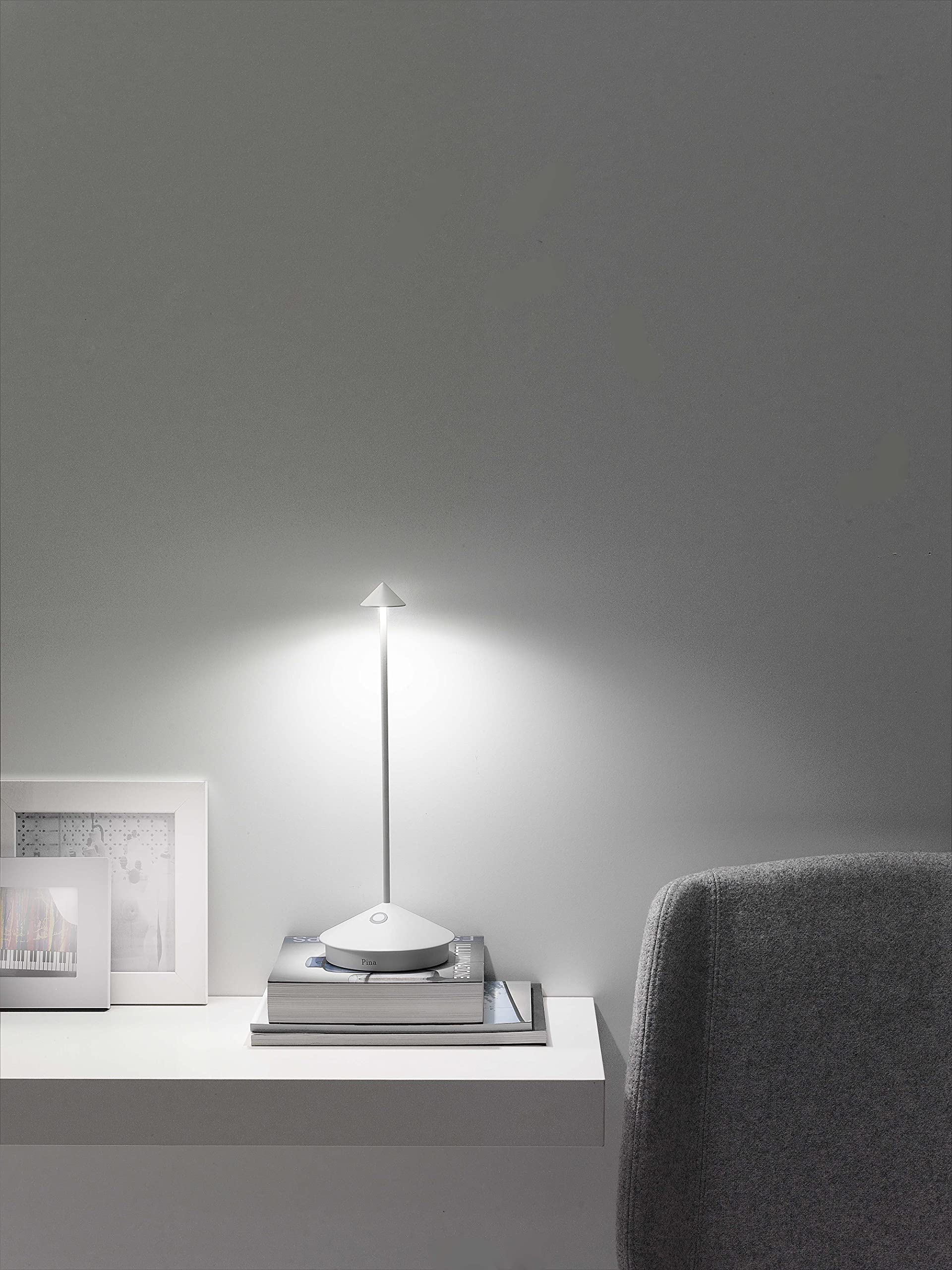 Zafferano Pina Pro Lamp - Rechargeable Cordless Table Lamp, Touch Control, 11.4in Height, White, Model LD0650B4