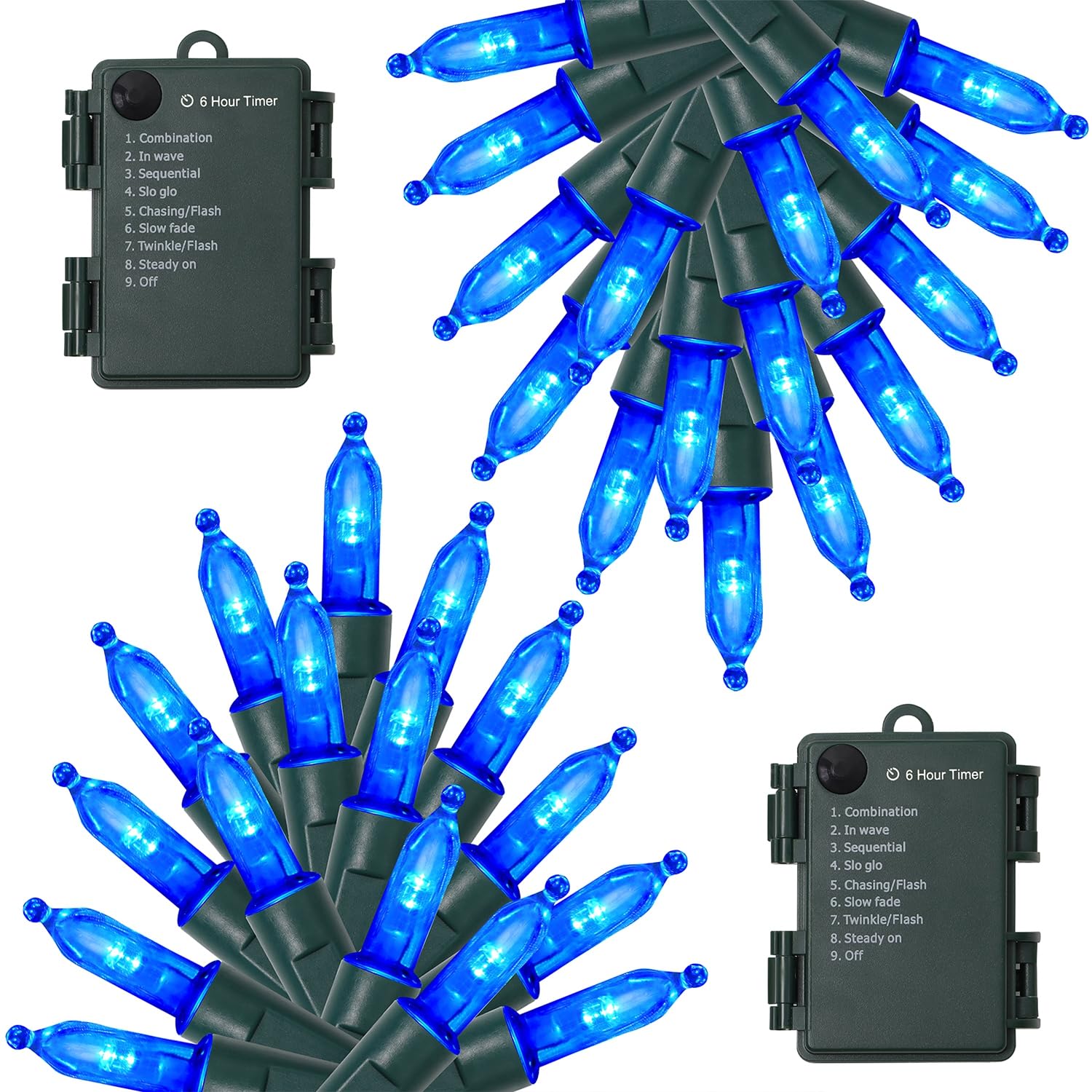 WATERGLIDE 50 LED Outdoor Christmas Lights, 16FT Battery Operated Mini String Lights, 8 Modes & Timer, Waterproof, Blue