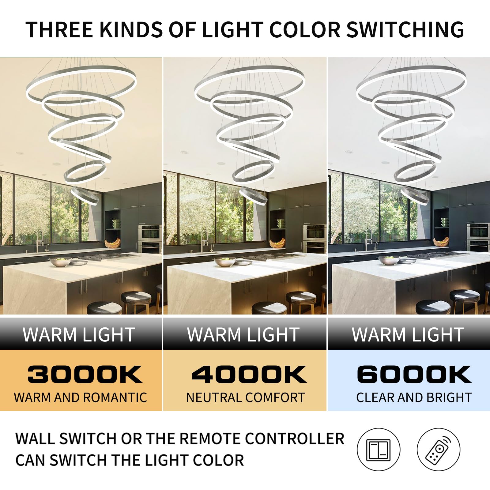 Modern 6 Ring Silver Led Chandelier - Dimmable, Large D31.5" For High Ceiling Staircase And Luxury Foyer Entryway