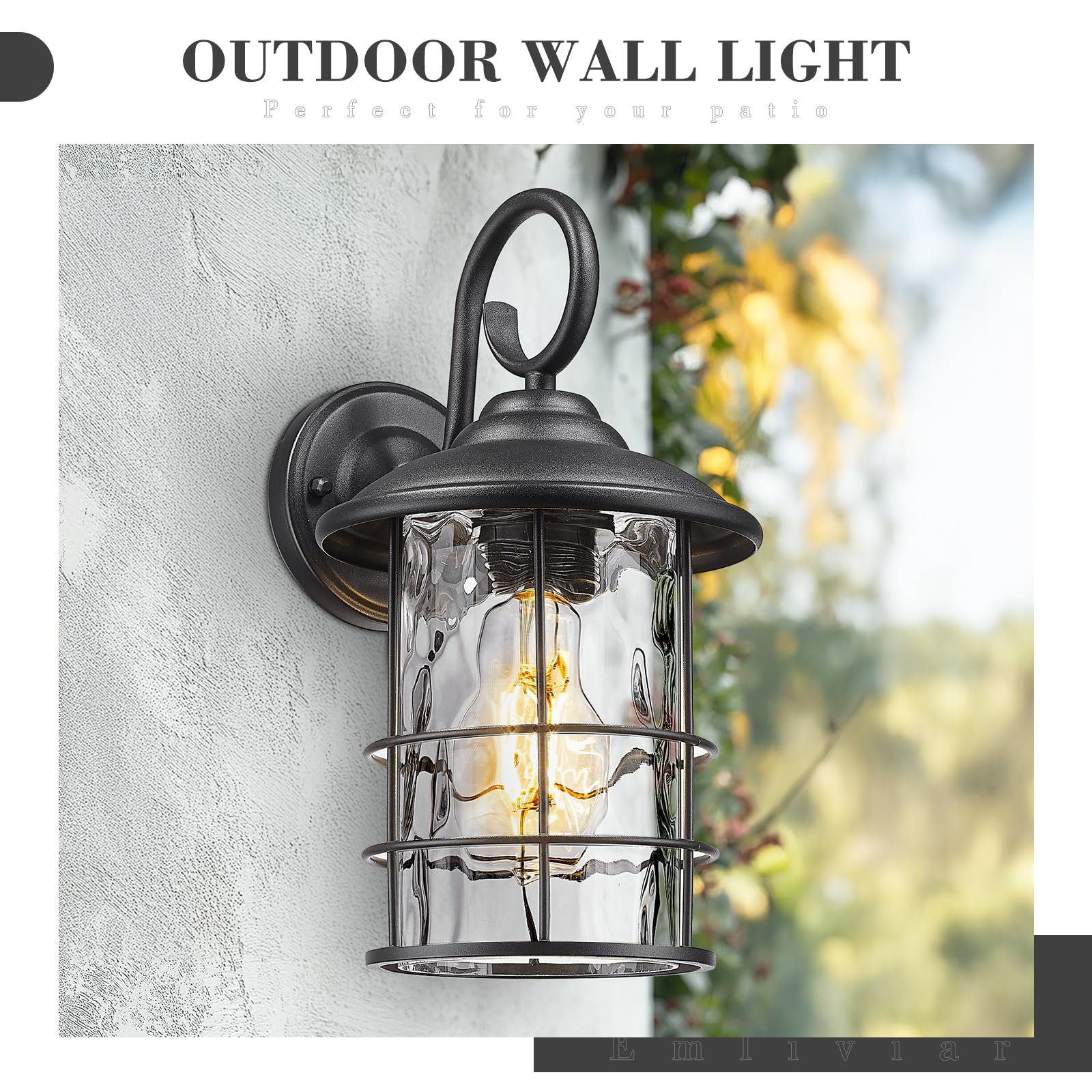 Emliviar Outdoor Wall Sconces, 2 Pack Vintage Lighting, Water Ripple Glass, E26 Base, 12.5 Inch, Model 1803CW2-2PK-WG