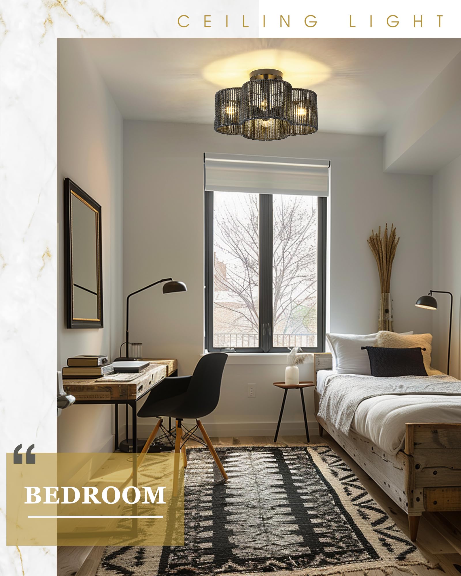 Audickic Rattan Ceiling Light Fixture, 4-Light Semi Flush Mount, 14in Black Hand-Woven Shade, Model AD-22007-4SF-RA-BK