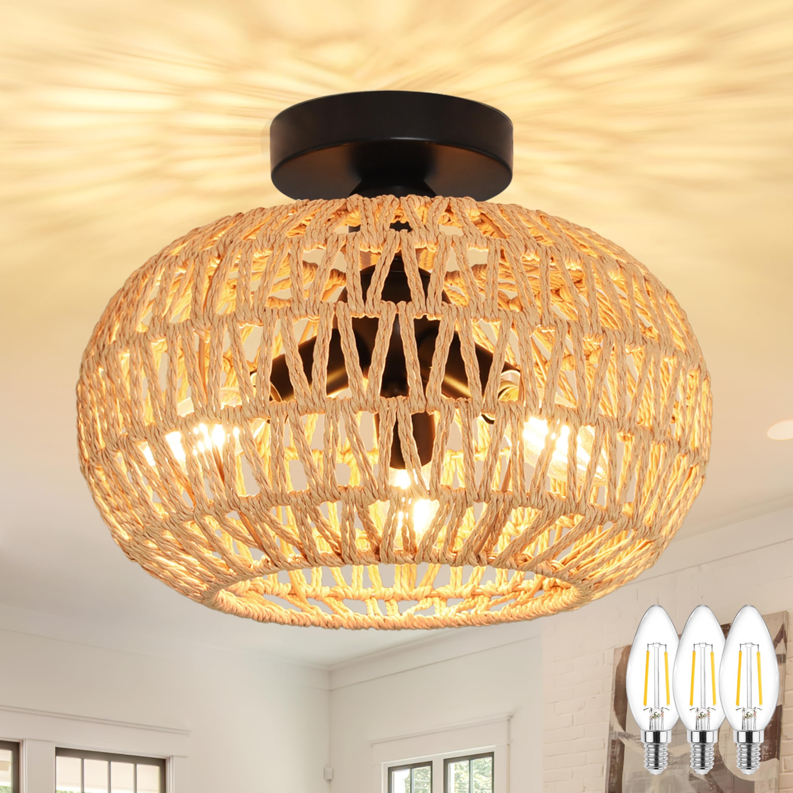 Ayshwilldec 11.8'' Rattan Ceiling Light Boho Light Fixtures Ceiling 3-Lights Boho Semi Flush Mount Ceiling Light Rattan Close To