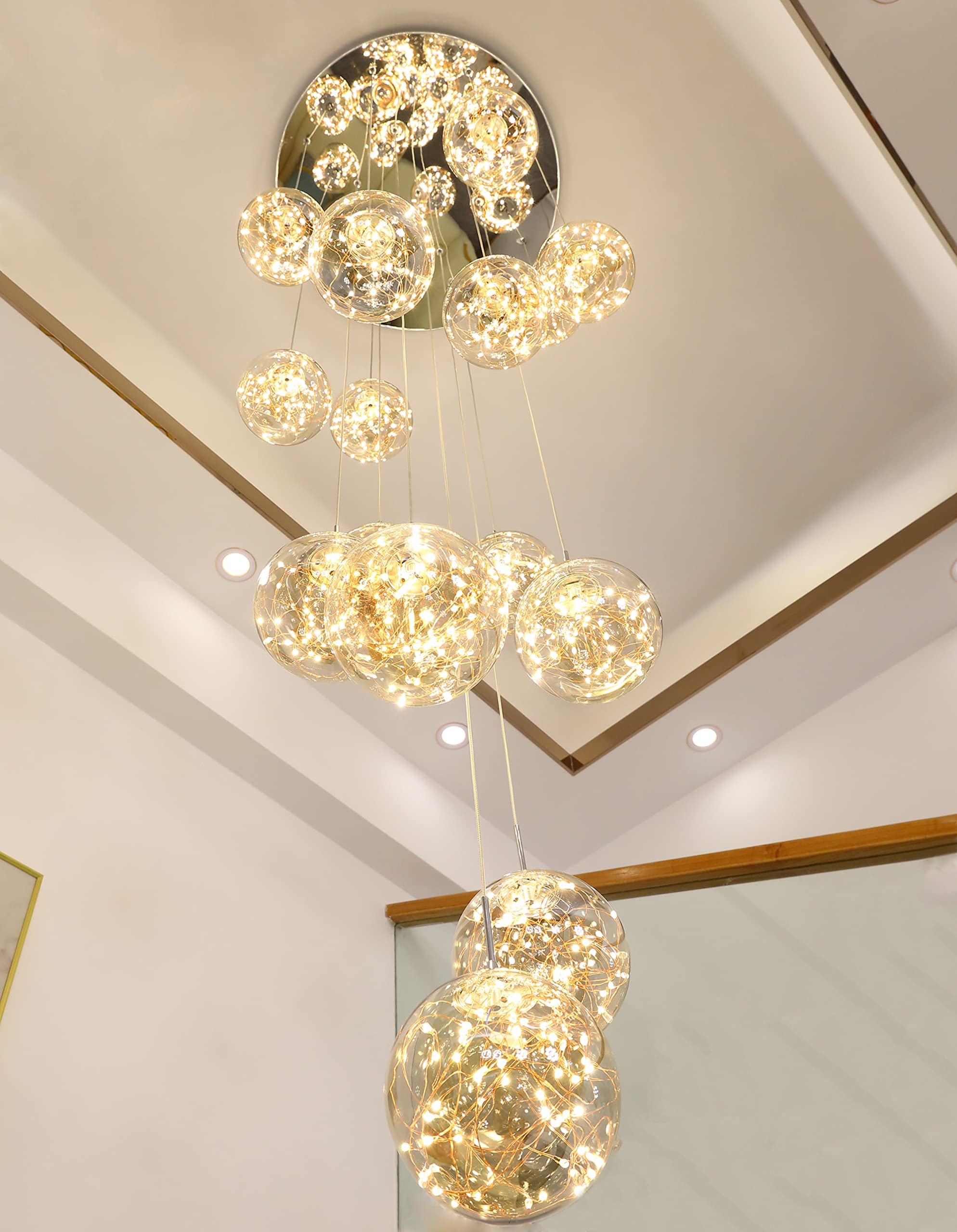 KAUCQI 10-Light LED Chandelier, Adjustable 16inW x 79inH, Modern Crystal Ceiling Light for High Ceilings, Yellow, Model ZG-1001