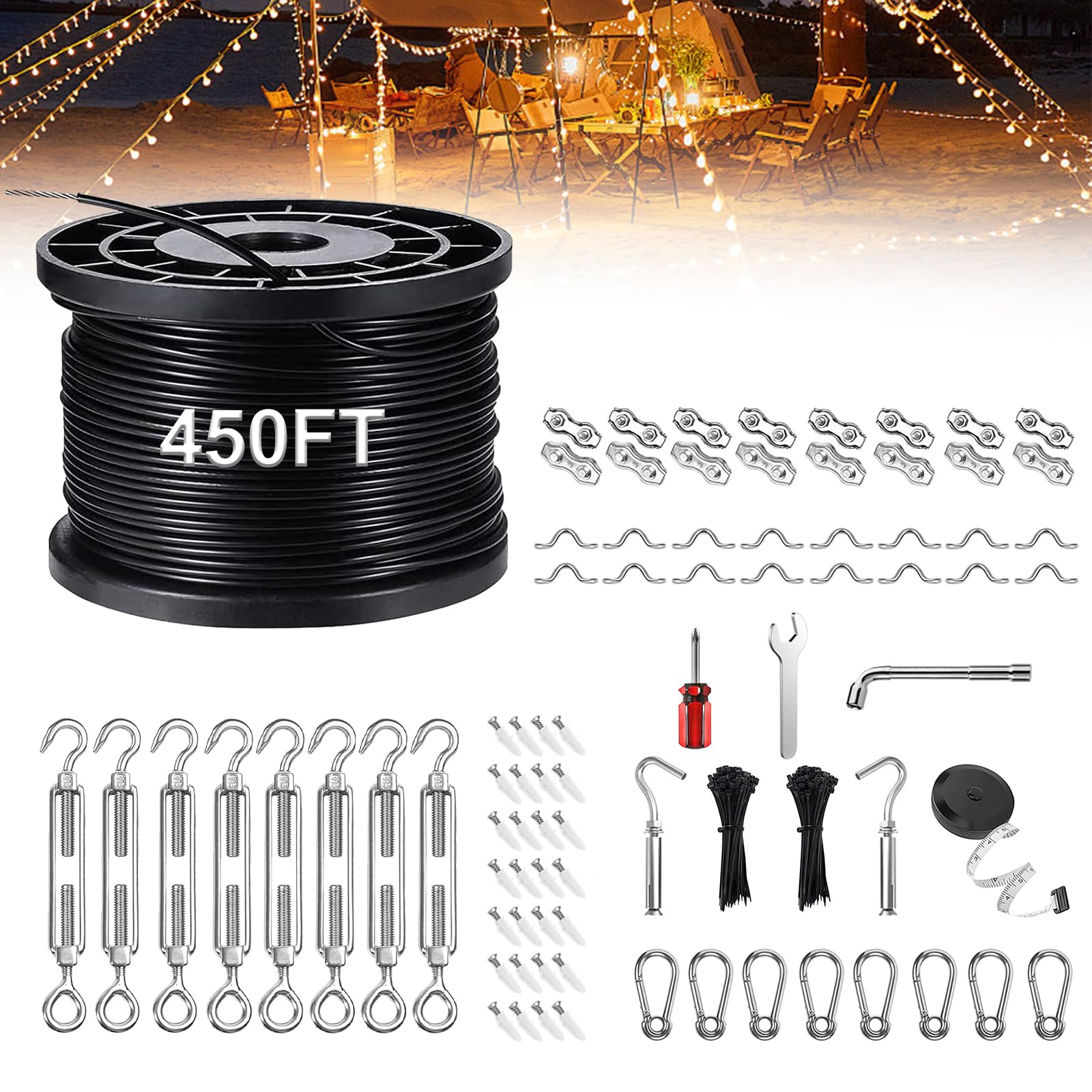 UGarden Upgraded Outdoor String Light Hanging Kit, 450ft Globe String Light Suspension Kit w/Expansion Hook, Stainless Steel 304