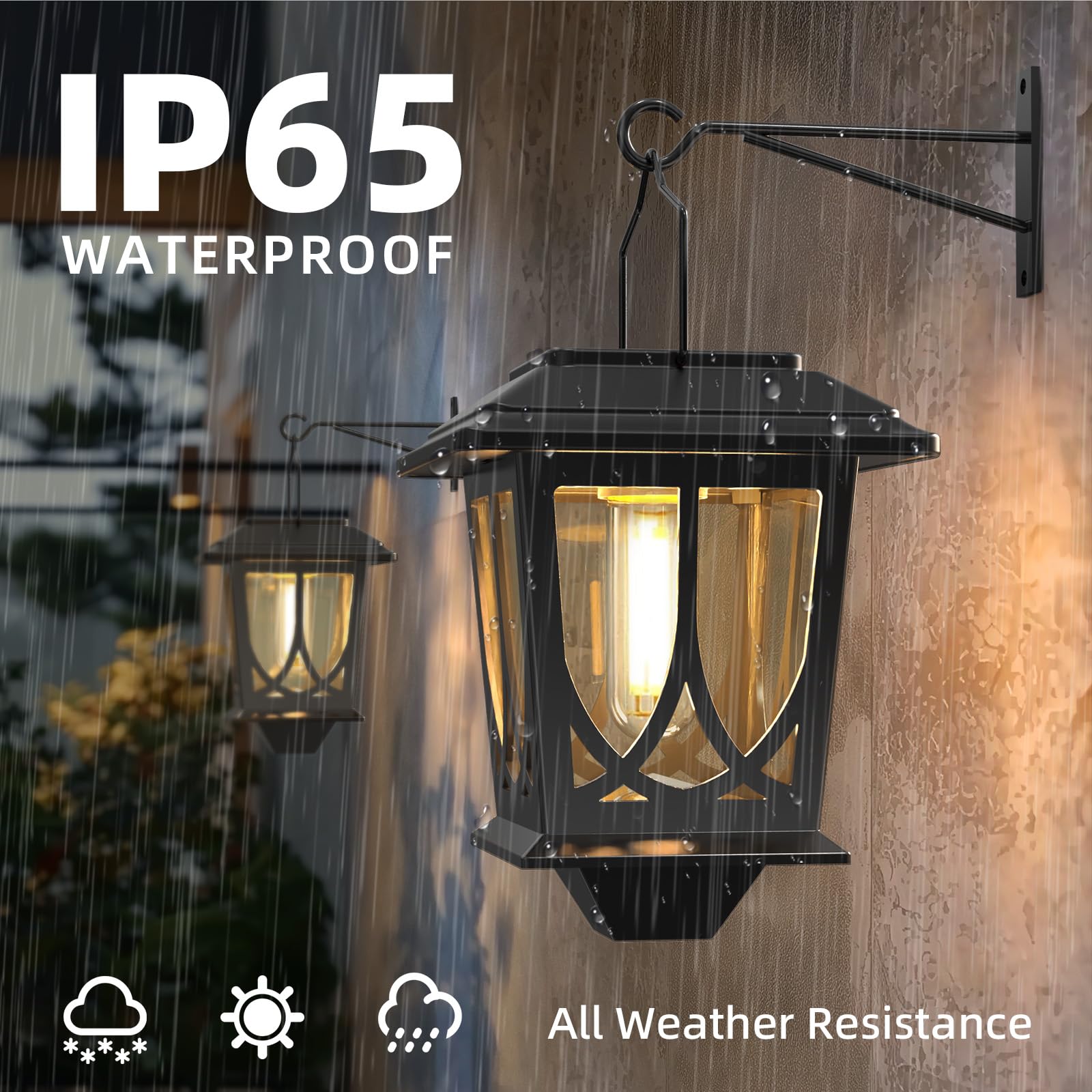 TEKLAPS Solar Lanterns, Waterproof Outdoor LED Lights, Clear Glass, Wall Mount, 2 Pack, Black, Stainless Steel #201, Model: Outdoor Lanterns